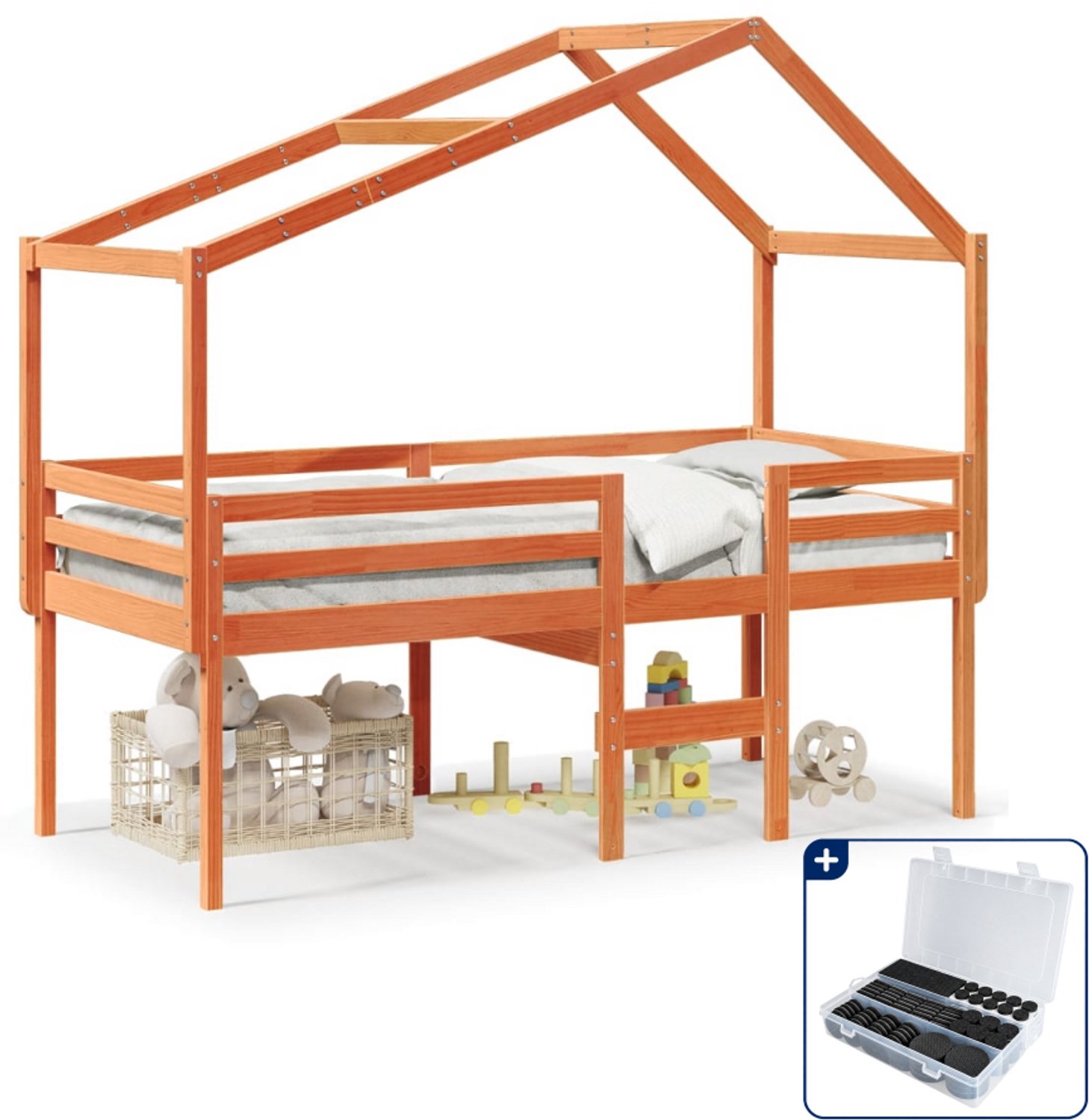 vidaXL hoogslaper met dak - 90 x 200 cm - massief grenenhout - wasbruin - Inclusief antikrasvilt 177-delig