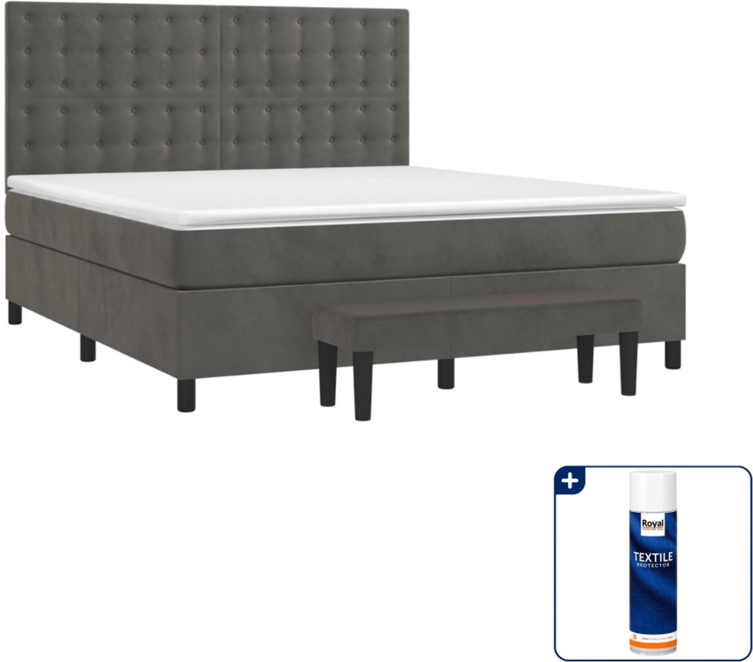 vidaXL boxspring Kingsize - 180 x 200 cm - fluweel - donkergrijs - Inclusief textielbeschermer 500 ml