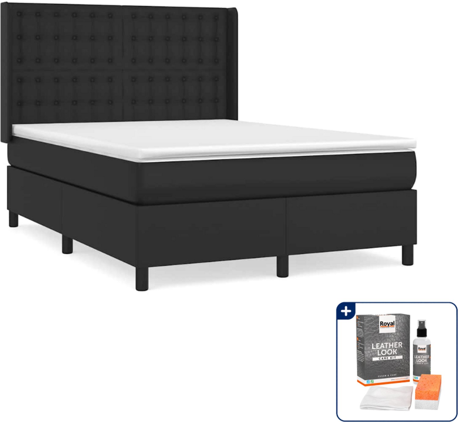 vidaXL boxspring met matras - Small double - 140 x 200 cm - zwart - Inclusief onderhoudsset voor kunstleer 150 ml