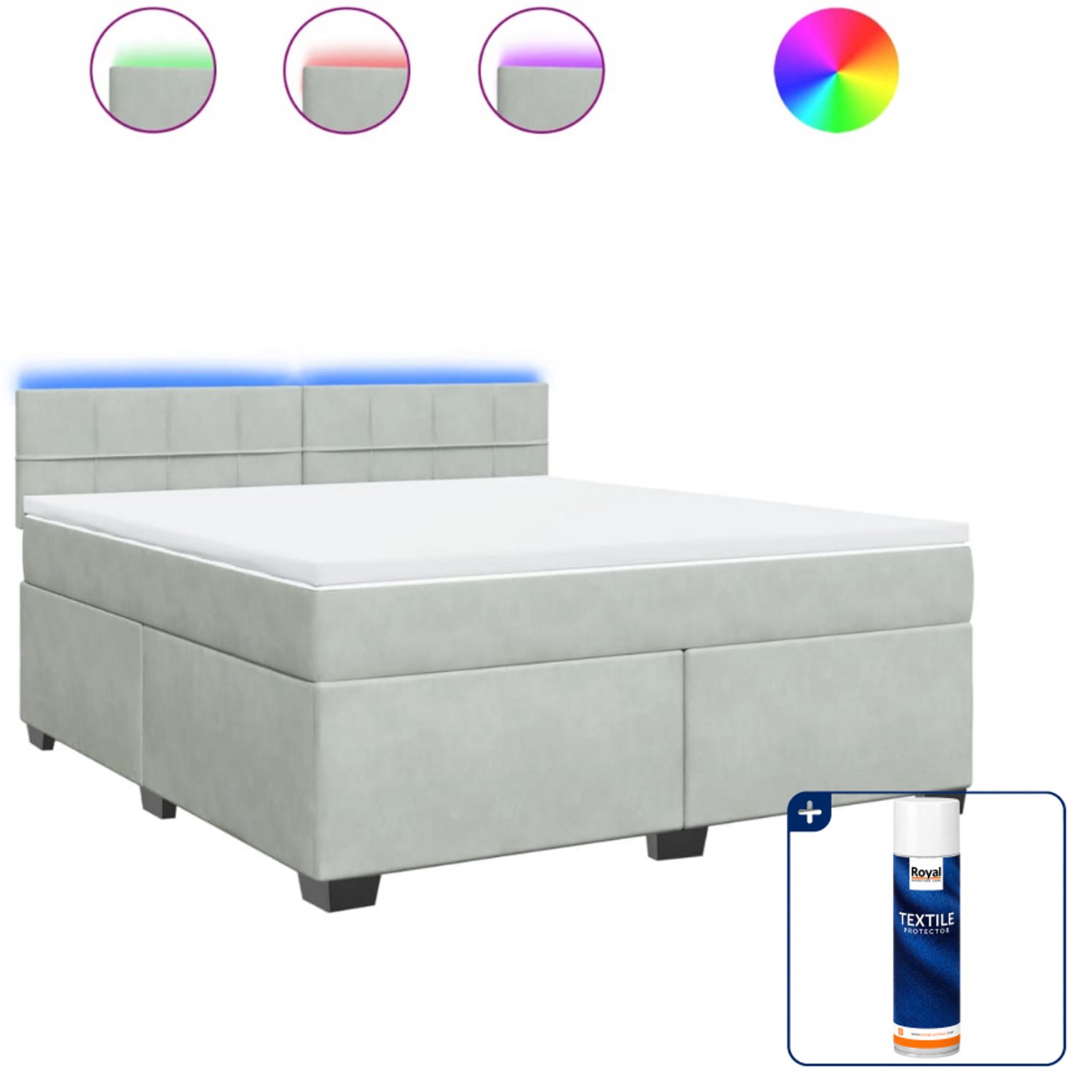 vidaXL Kingsize boxspring met matras - 180 x 200 cm - fluweel - lichtgrijs - Inclusief textielbeschermer 500 ml