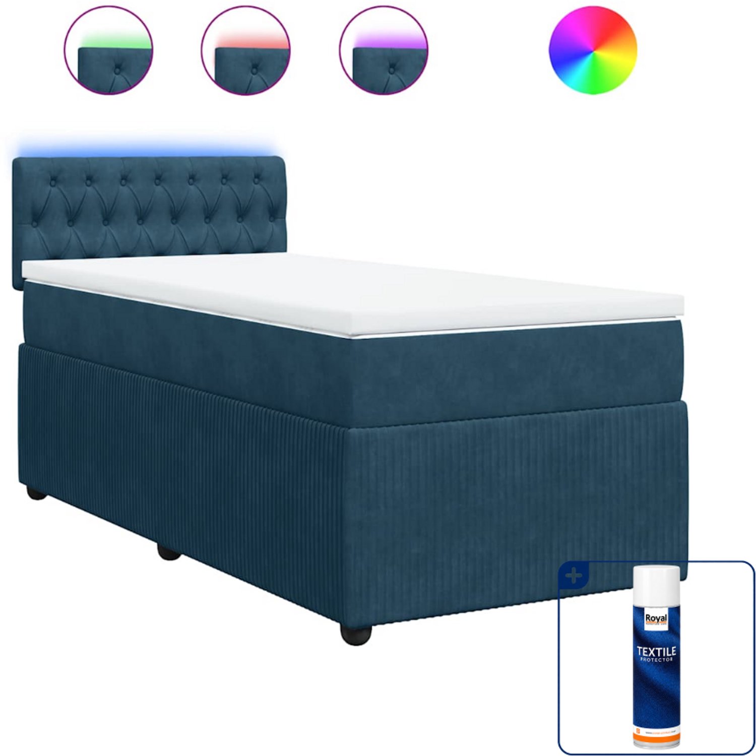 vidaXL boxspring met matras en led - 90x200 cm - fluweel - blauw - Inclusief textielbeschermer 500 ml