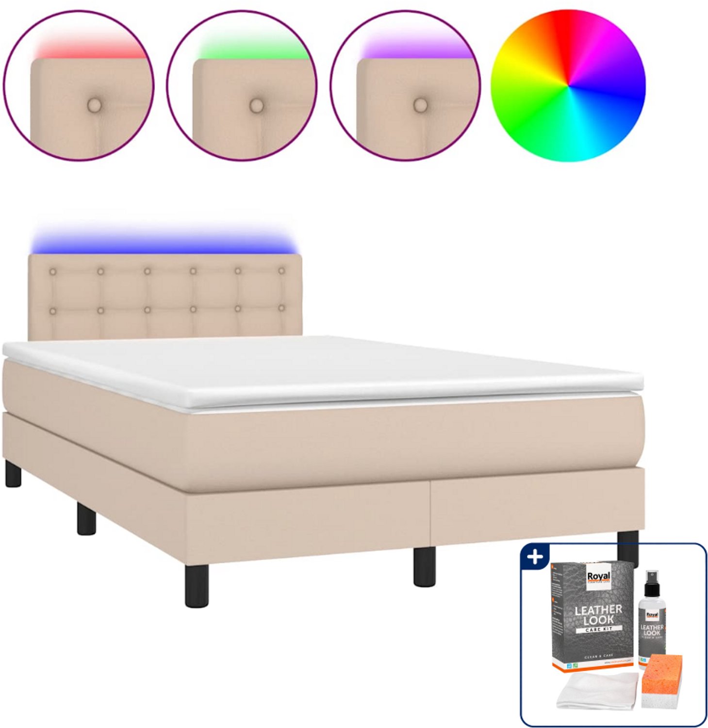 vidaXL boxspring met matras en LED - 120 x 190 cm - cappuccino - Inclusief onderhoudsset voor kunstleer 150 ml Grijs