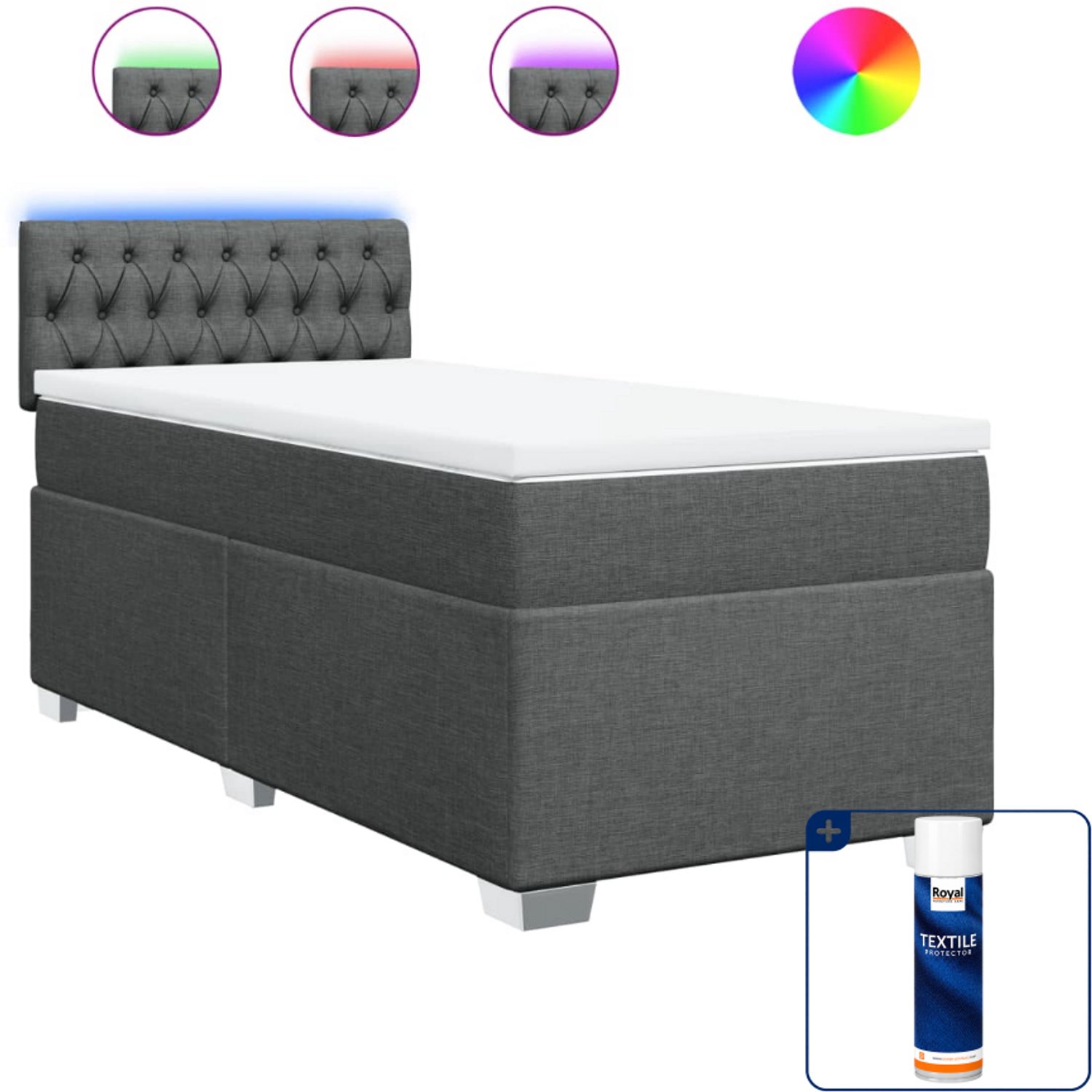 vidaXL Boxspring met matras en led - 90 x 200 cm - donkergrijs - Inclusief textielbeschermer 500 ml