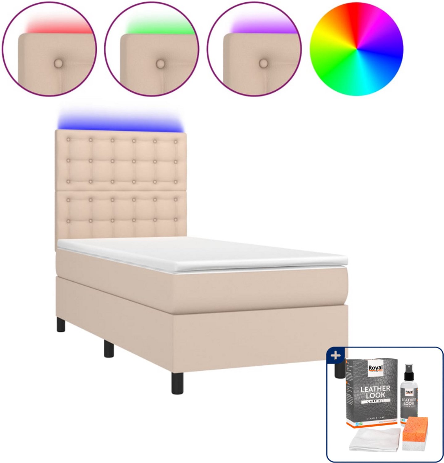 vidaXL boxspring met matras en LED - 100 x 200 cm - kunstleer - cappuccino - Inclusief onderhoudsset voor kunstleer 150 ml Bruin