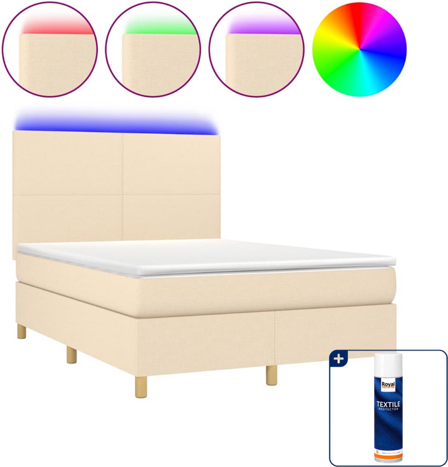 vidaXL Boxspring - Small double - 140x200 cm - crème - met LED - Inclusief textielbeschermer 500 ml
