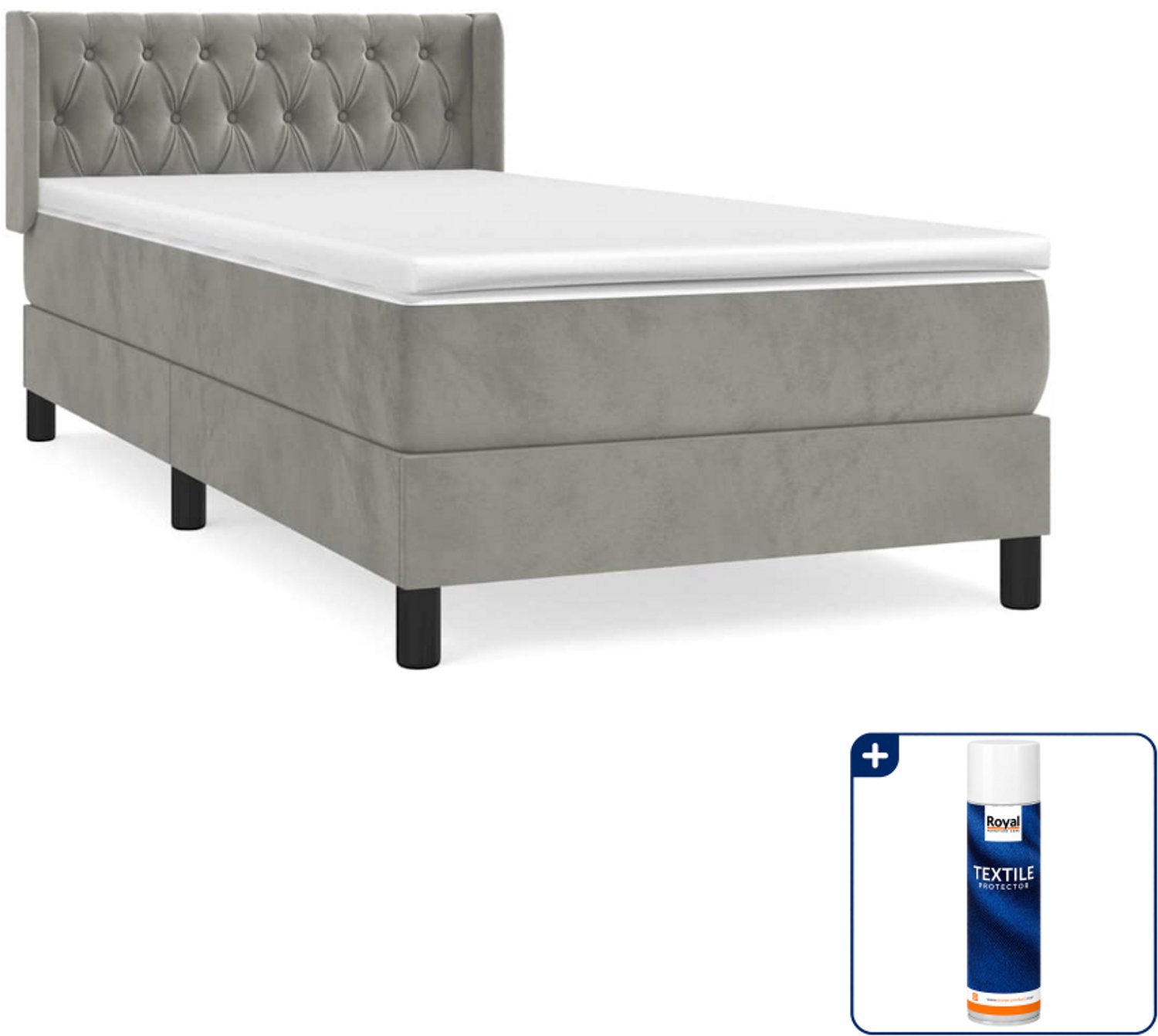 vidaXL boxspring met matras 90 x 190 cm - fluweel - lichtgrijs - Inclusief textielbeschermer 500 ml
