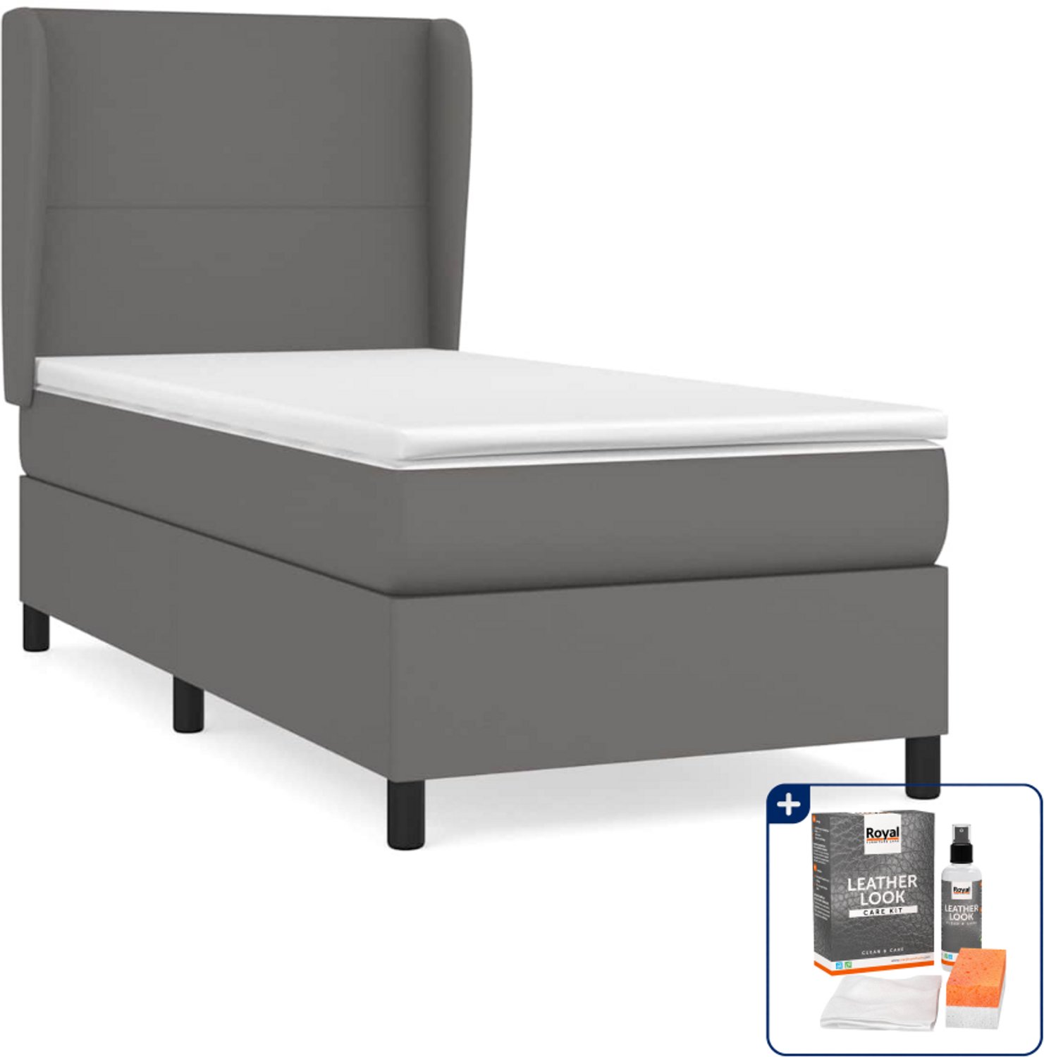 vidaXL boxspring met matras 90 x 190 cm - kunstleer - grijs - Inclusief onderhoudsset voor kunstleer 150 ml