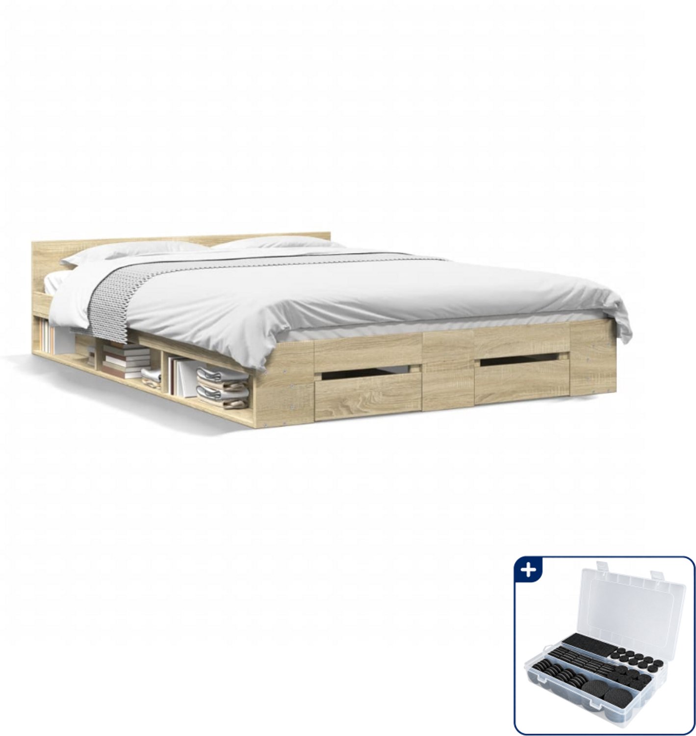 vidaXL bedframe Queensize - 160 x 200 cm - bewerkt hout - sonoma eiken - Inclusief antikrasvilt 177-delig Zwart