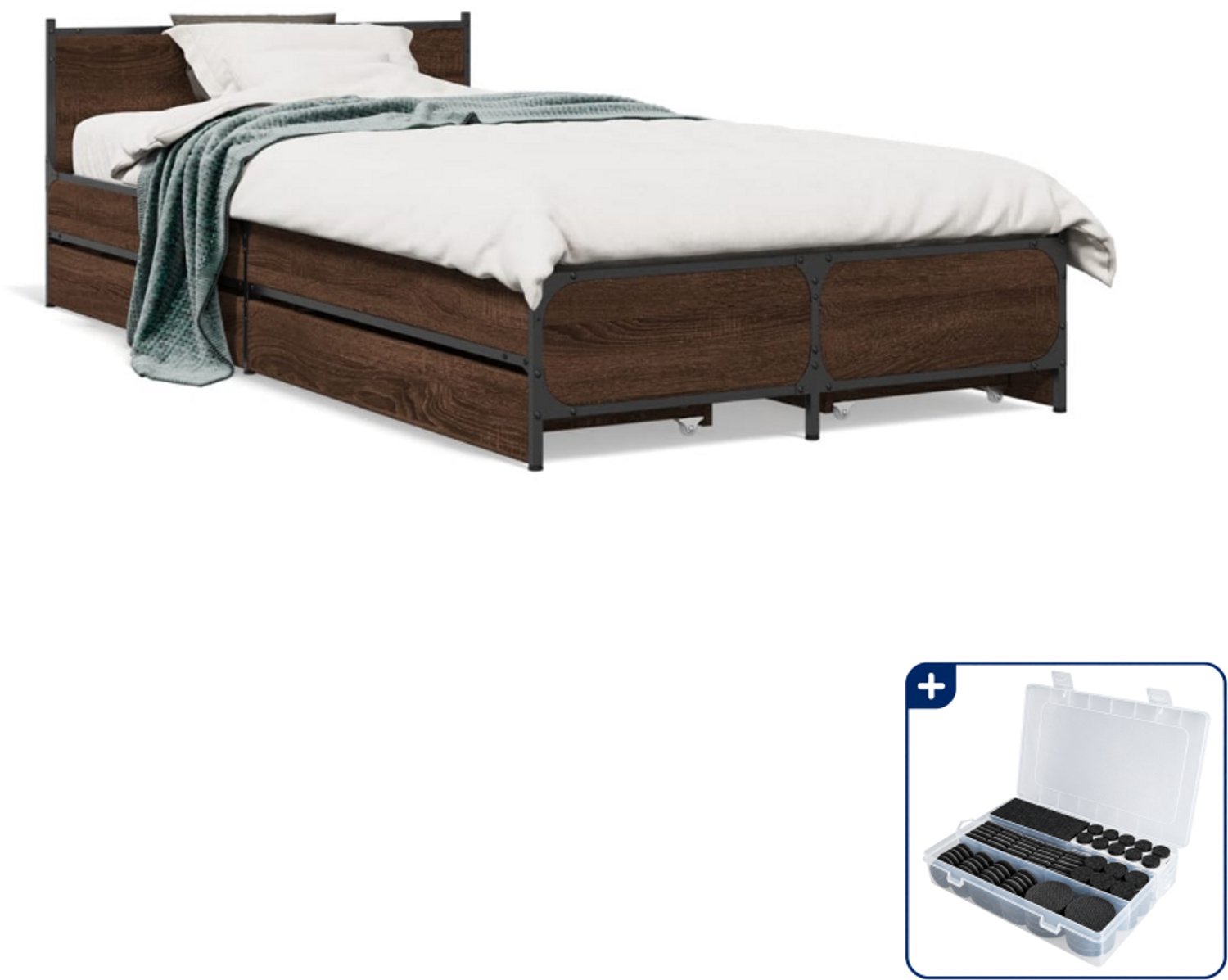 vidaXL bedframe met lades - 75 x 190 cm - bewerkt hout - bruineiken - Inclusief antikrasvilt 177-delig Grijs