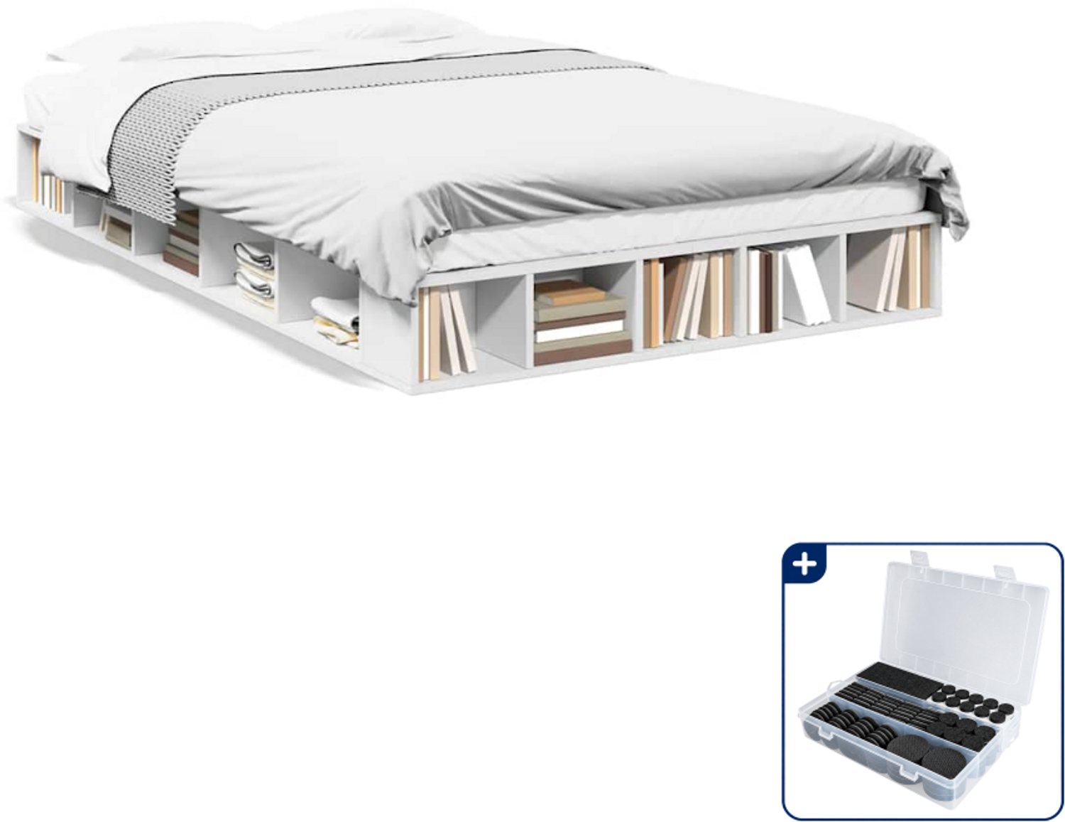 vidaXL bedframe - 135 x 190 cm - bewerkt hout - wit - Inclusief antikrasvilt 177-delig