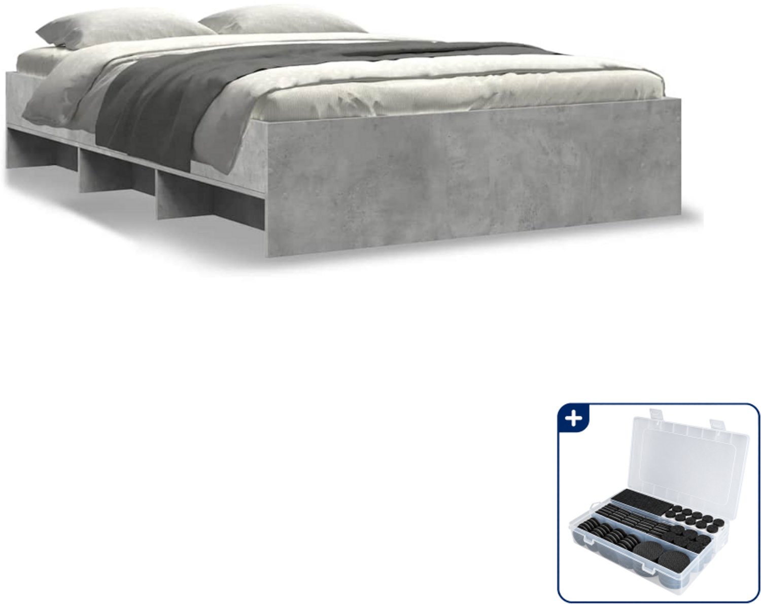 vidaXL bedframe - 140 x 190 cm - bewerkt hout - betongrijs - Inclusief antikrasvilt 177-delig wit