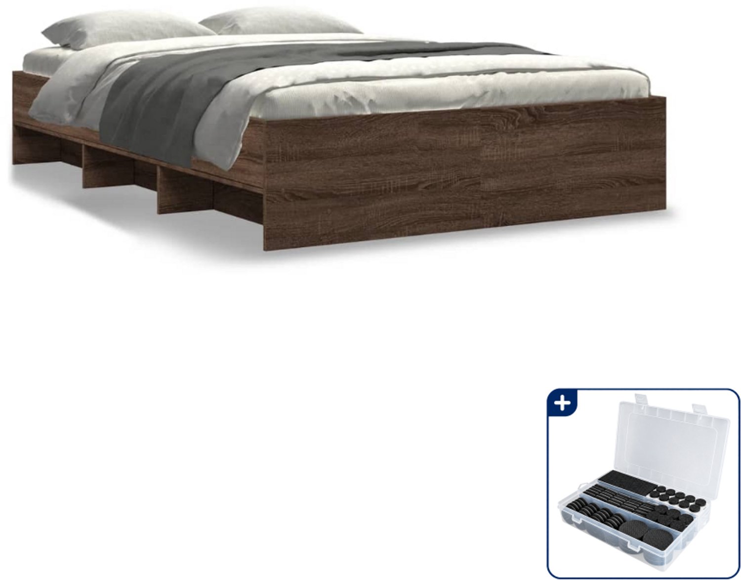 vidaXL bedframe - 135 x 190 cm - bewerkt hout - bruineiken - Inclusief antikrasvilt 177-delig Wit
