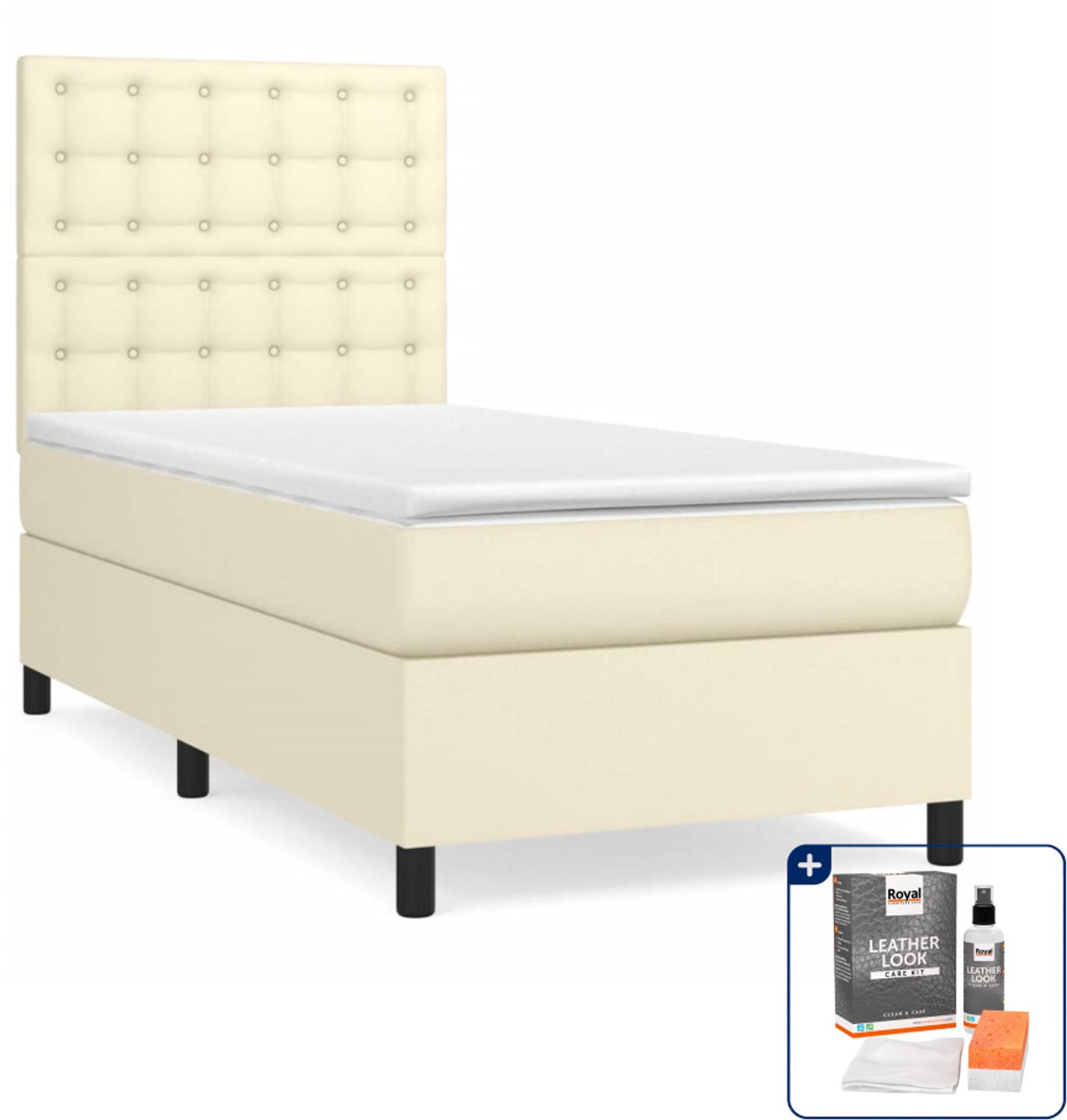 vidaXL boxspring met matras - 90 x 190 cm - kunstleer - crème - Inclusief onderhoudsset voor kunstleer 150 ml