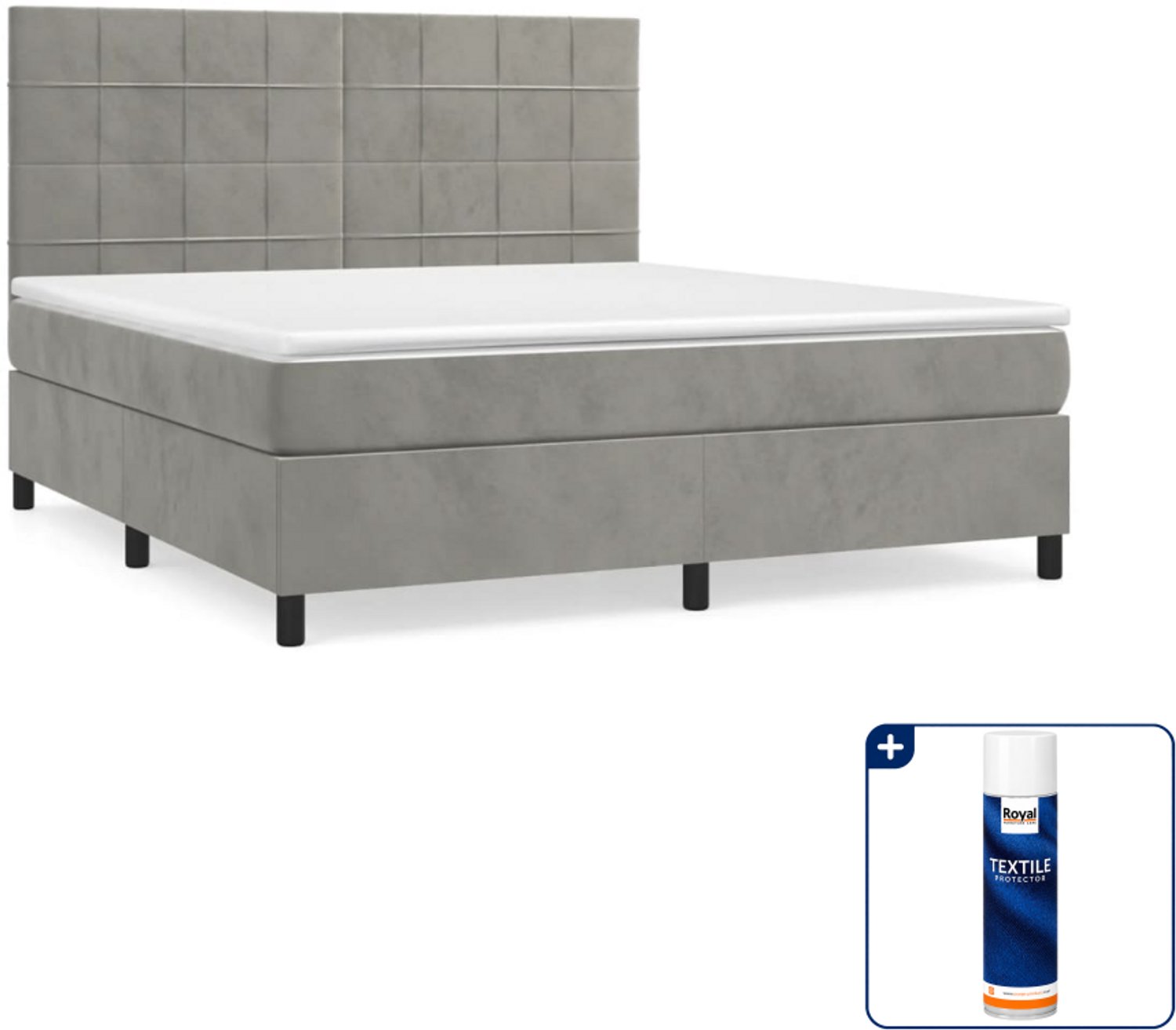 vidaXL Kingsize boxspring met matras - 180 x 200 cm - fluweel - lichtgrijs - Inclusief textielbeschermer 500 ml