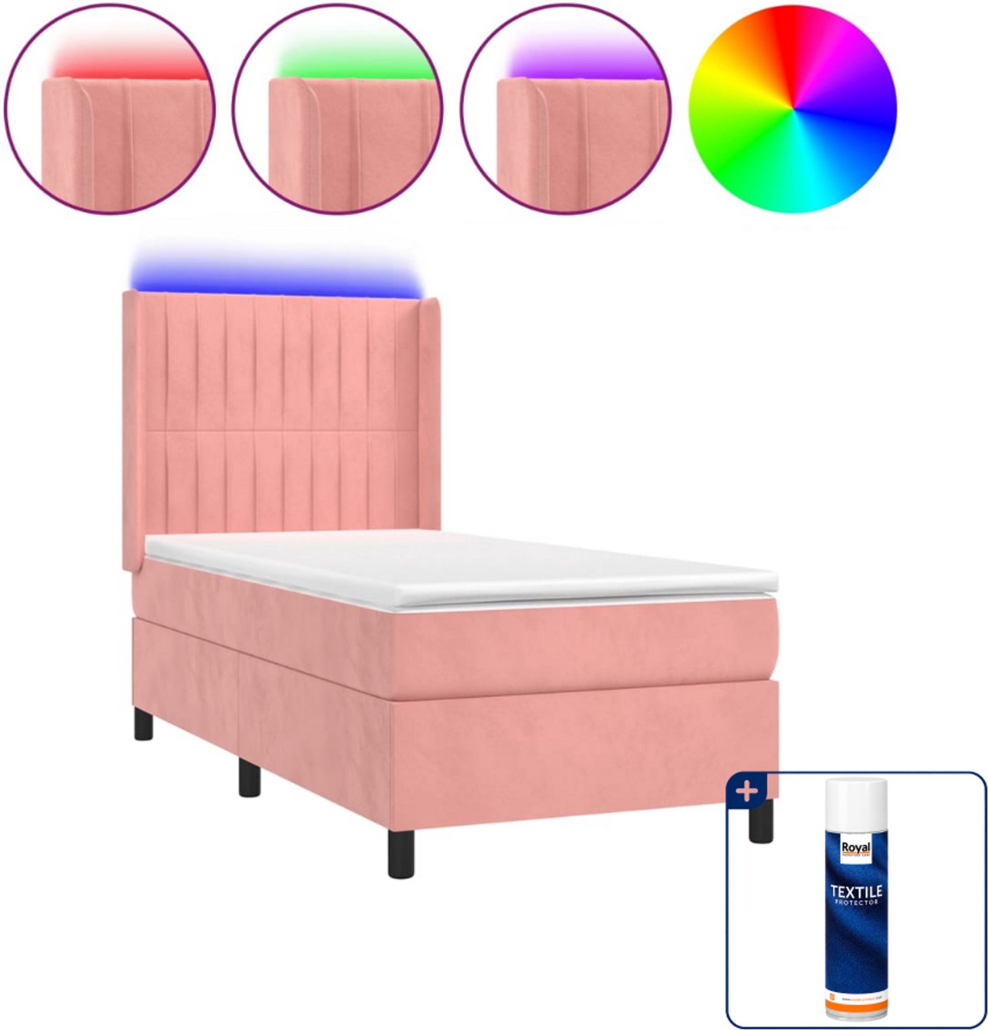 vidaXL boxspring met matras en led - 90 x 200 cm - fluweel - roze - Inclusief textielbeschermer 500 ml