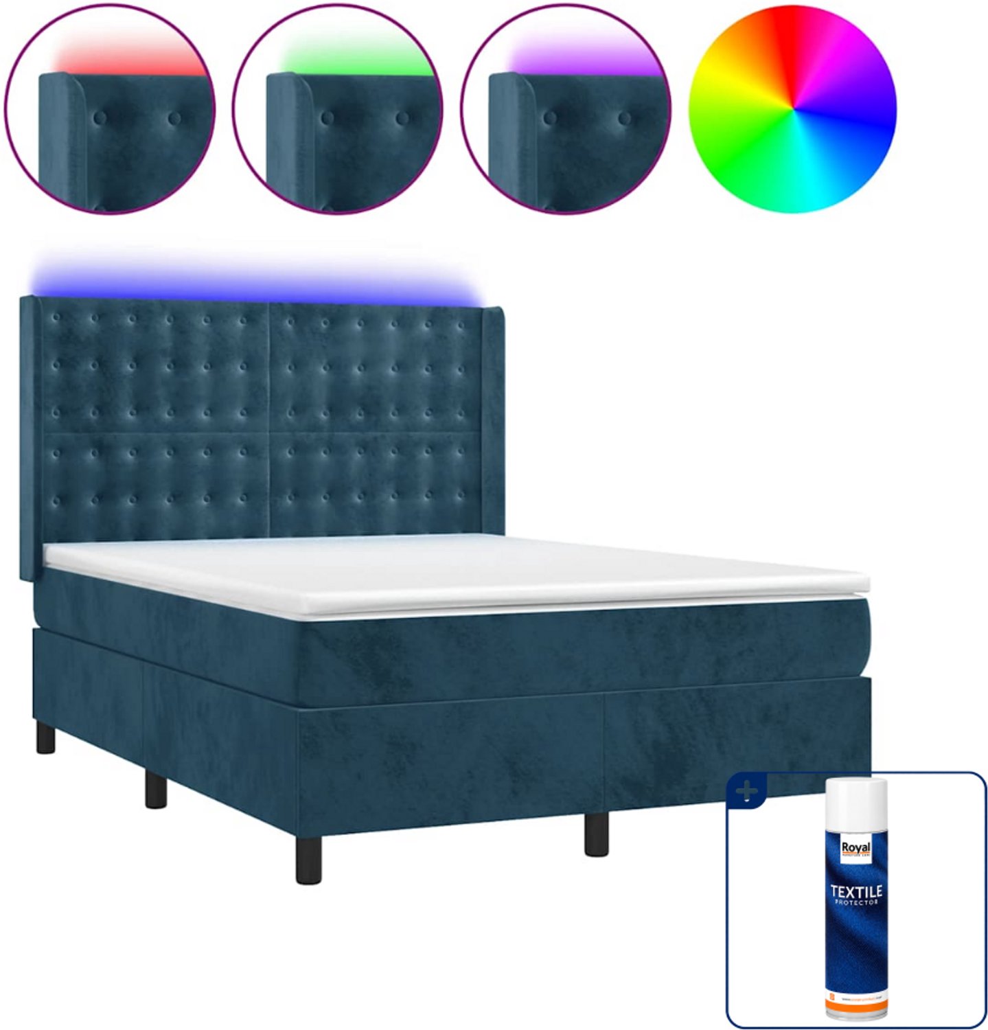 vidaXL boxspring met matras en LED - small double 140x200 cm - donkerblauw - Inclusief textielbeschermer 500 ml