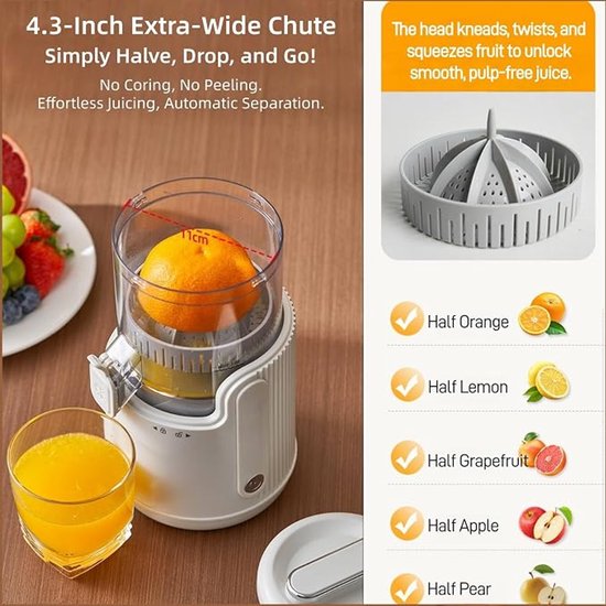 Elektrische citruspers – Draagbare, via USB oplaadbare citroenpers – Bediening met één druk op de knop – Hoge sapopbrengst – Wit – 23,5 × 11 × 11 cm — afbeelding 5