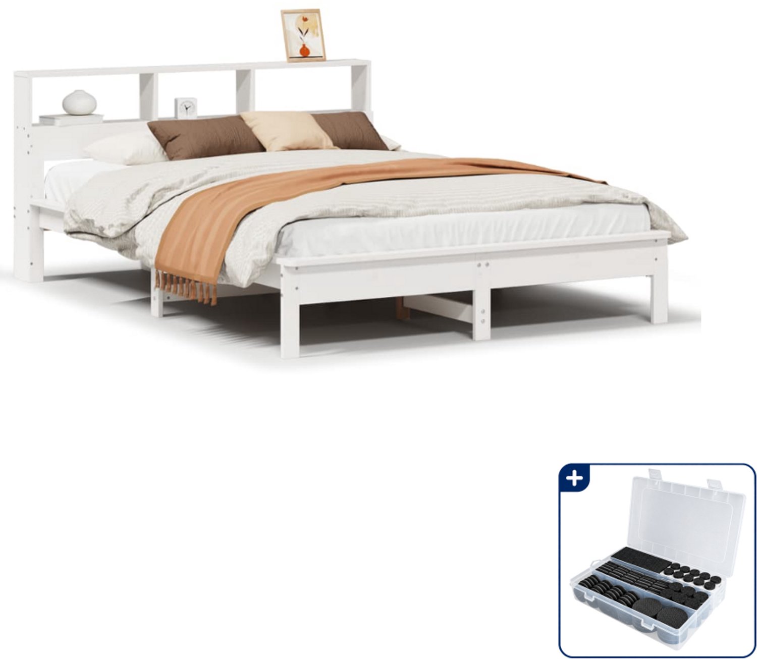 vidaXL Bedframe - 135 x 190 cm - massief grenenhout - wit - Inclusief antikrasvilt 177-delig Taupe