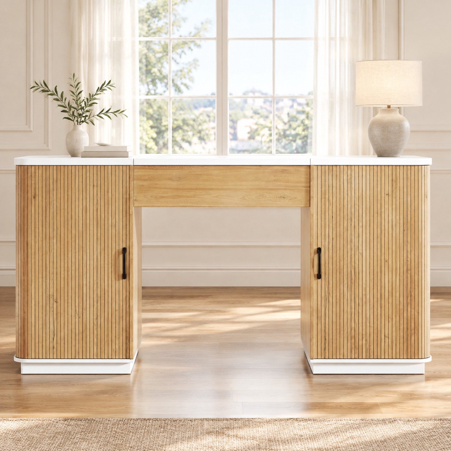 Wishdor Bureau - Handmatig verstelbaar in twee hoogtes - Verborgen opbergruimte onder het blad - 2 lades en 2 open vakken - Moderne lamellenlook - Thuiskantoor slaapkamer - MDF - Wit en eikenlook