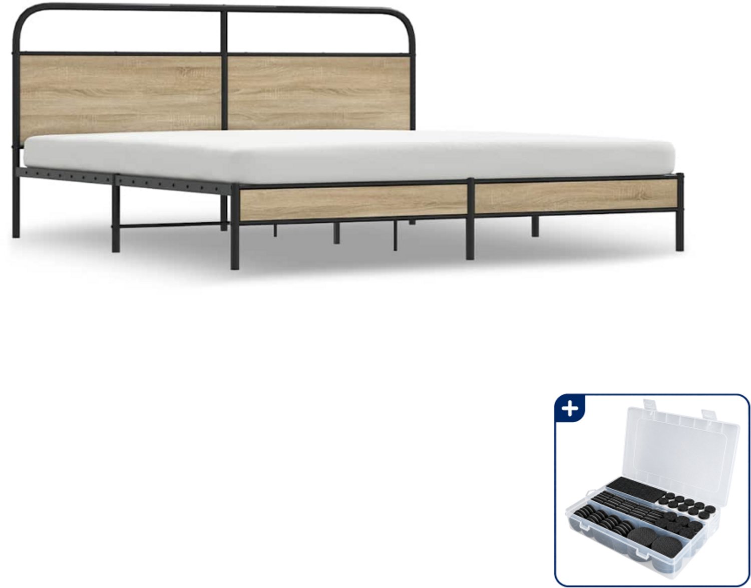 vidaXL bedframe - 193 x 203 cm - staal en bewerkt hout - gerookt eiken - Inclusief antikrasvilt 177-delig Zwart