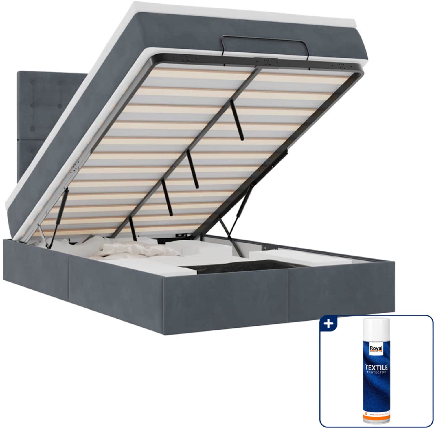 vidaXL ottoman bed met matras - 120 x 200 cm - fluweel - donkergrijs - Inclusief textielbeschermer 500 ml Blauw
