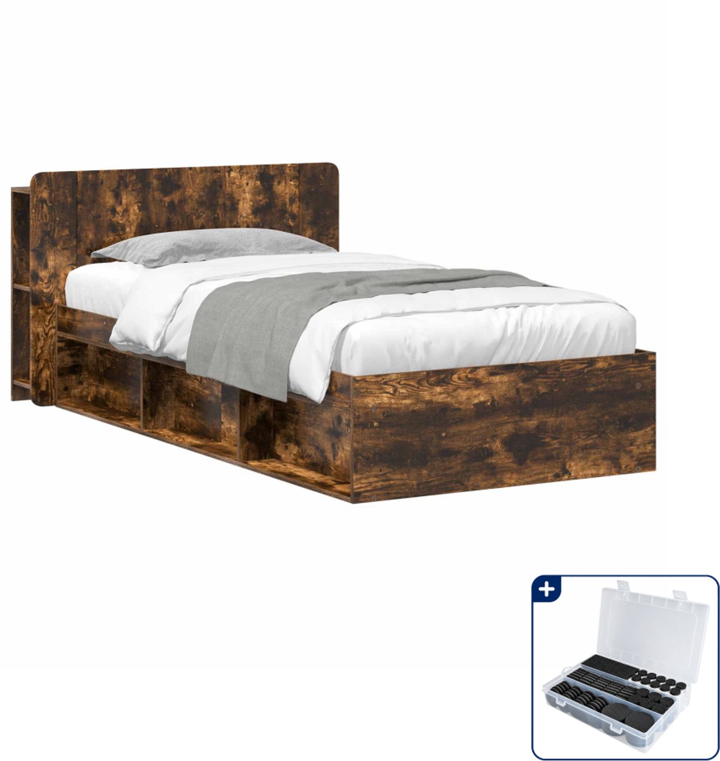 vidaXL bedframe - 75 x 190 cm - bewerkt hout - gerookt eiken - Inclusief antikrasvilt 177-delig Bruin