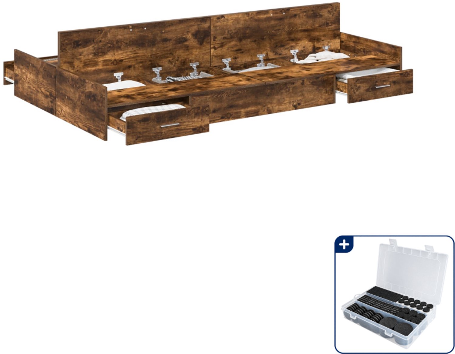 vidaXL opbergbedframe - 120 x 190 cm - bewerkt hout - gerookt eiken - Inclusief antikrasvilt 177-delig Bruin