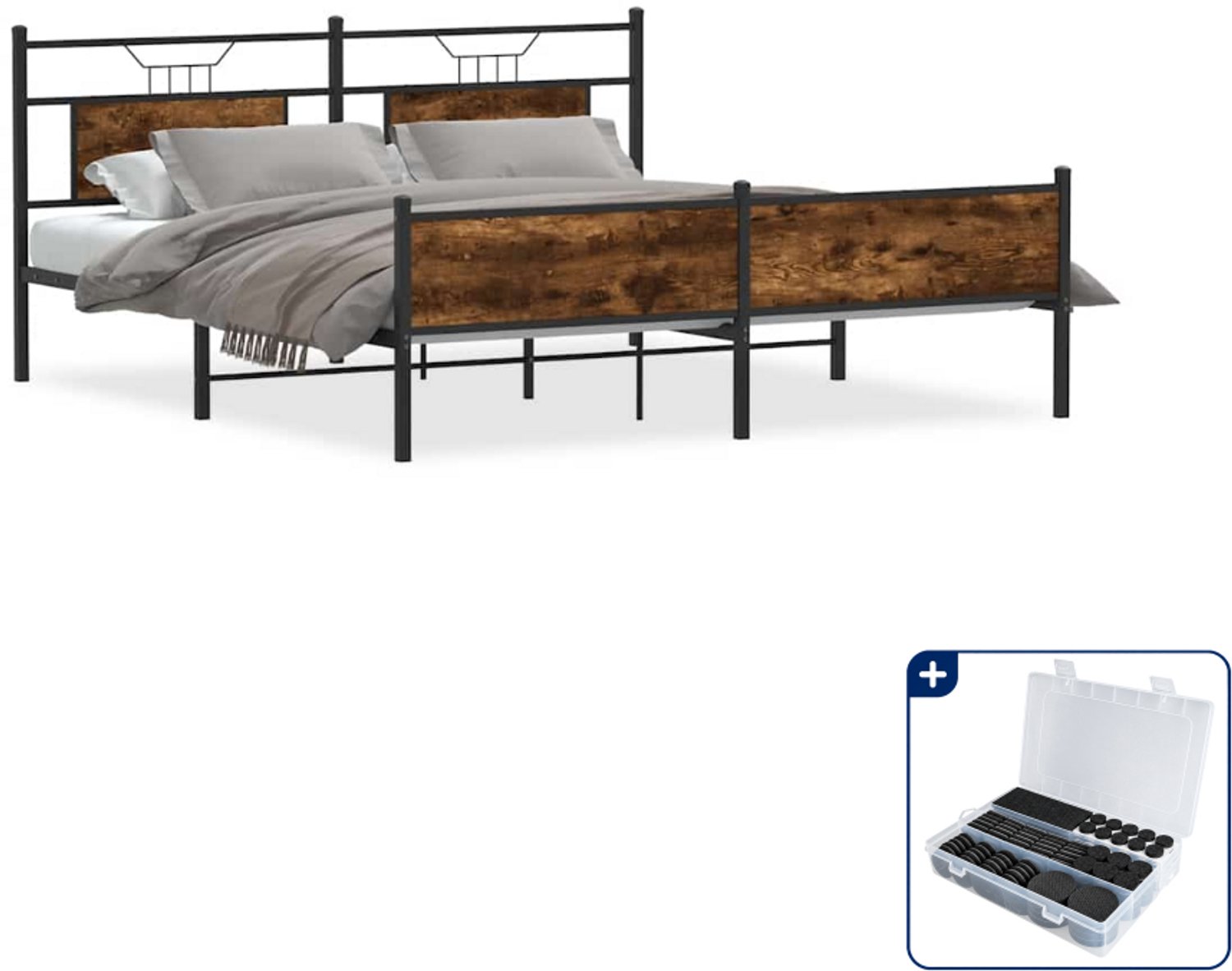 vidaXL bedframe - 183 x 213 cm - staal en bewerkt hout - gerookt eiken - Inclusief antikrasvilt 177-delig Bruin