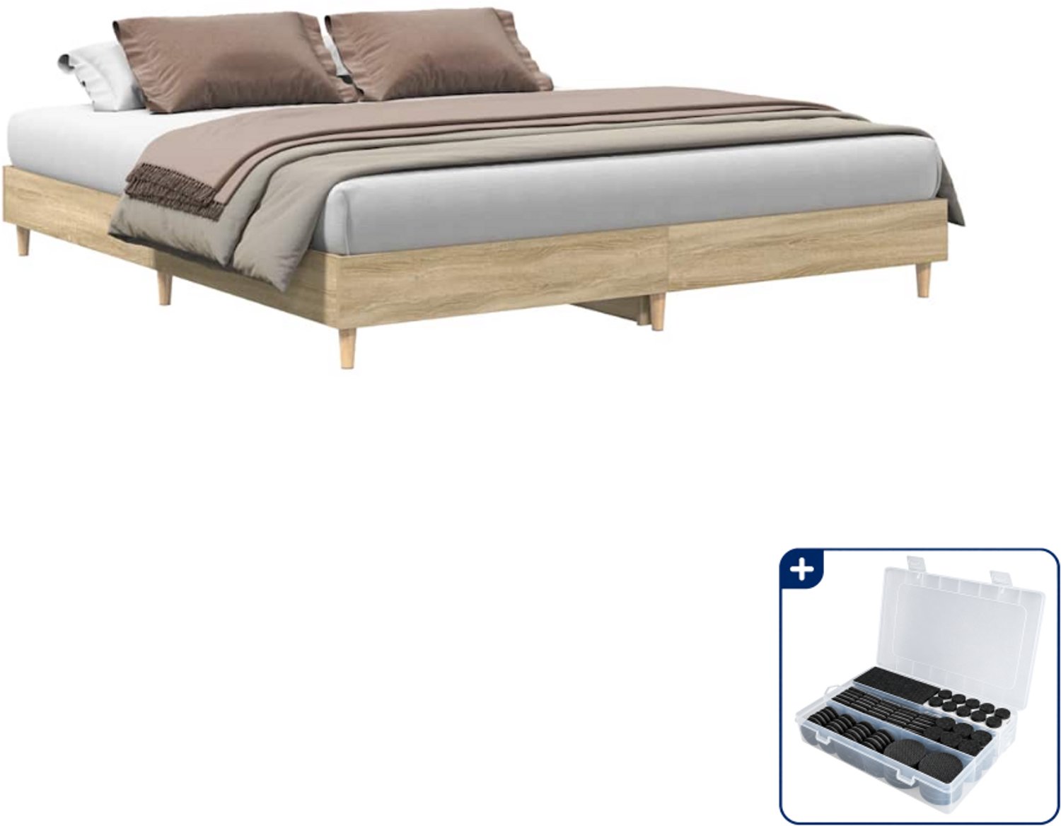 vidaXL bedframe - 200 x 200 cm - bewerkt hout - sonoma eiken - Inclusief antikrasvilt 177-delig Zwart
