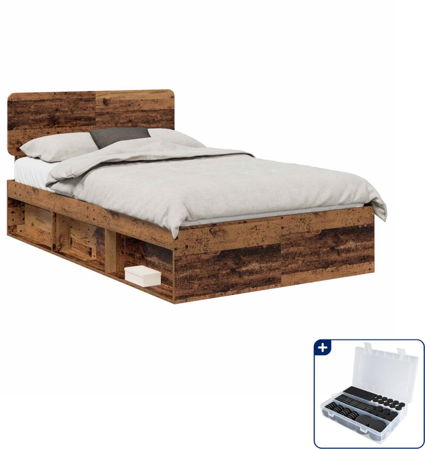 vidaXL bedframe met hoofdeinde - 120 x 190 cm - massief grenenhout - oudhout - Inclusief antikrasvilt 177-delig Bruin