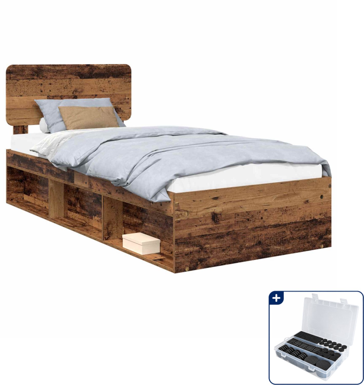 vidaXL bedframe met hoofdeinde - 90 x 200 cm - massief grenenhout - oudhout - Inclusief antikrasvilt 177-delig Donker Grijn