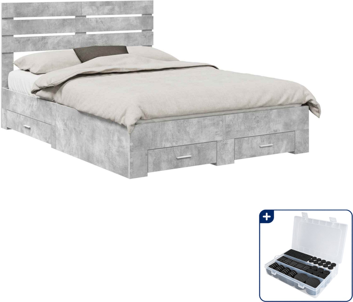 vidaXL bedframe met lade - Queensize - 160 x 200 cm - beton grijs - Inclusief antikrasvilt 177-delig