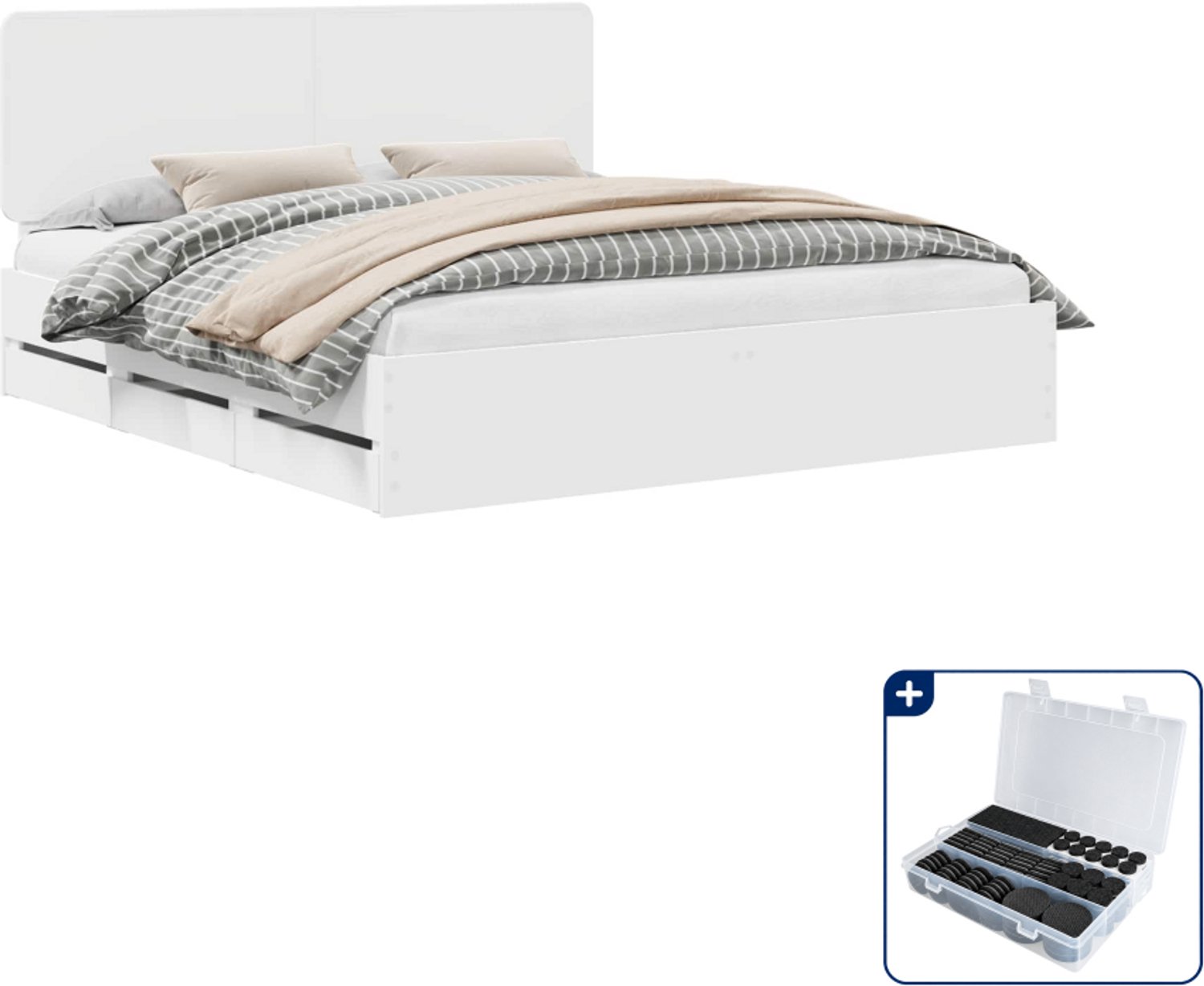 vidaXL bedframe met 6 laden - Kingsize - 180 x 200 cm - wit - Inclusief antikrasvilt 177-delig Lichtgrijs