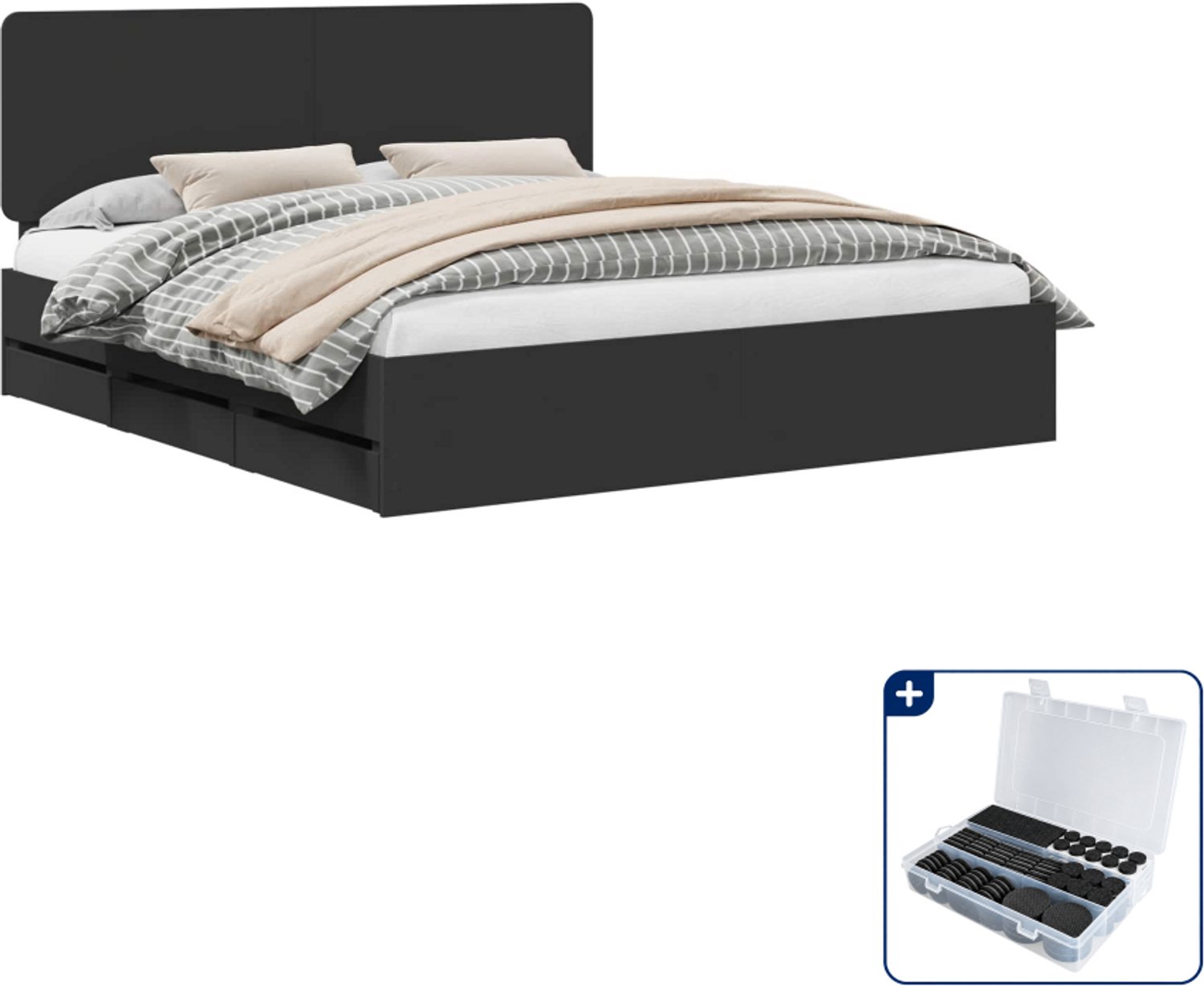 vidaXL Bedframe - Kingsize - 180 x 200 cm - zwart - Inclusief antikrasvilt 177-delig Grijs
