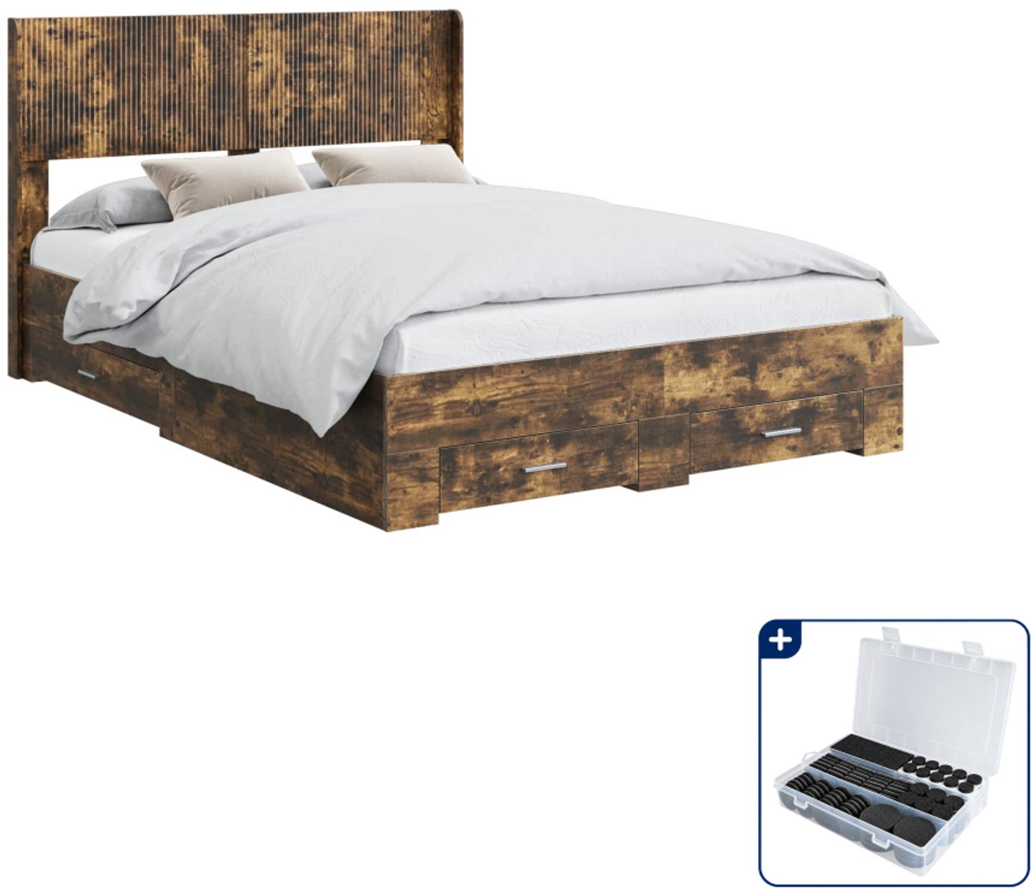 vidaXL Bedframe met opbergruimte - 140 x 200 cm - bewerkt hout - gerookt eiken - Inclusief antikrasvilt 177-delig Bruin