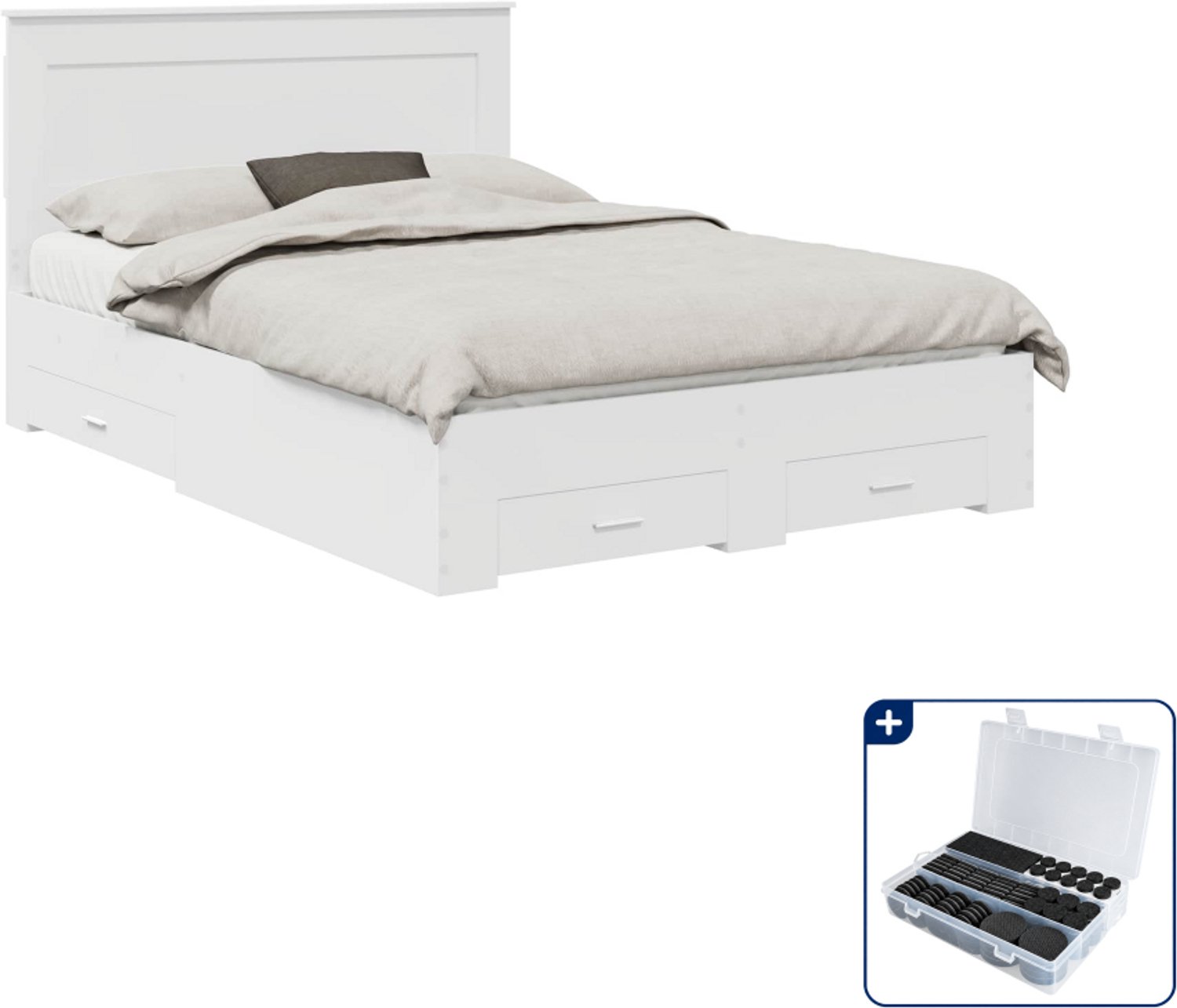 vidaXL Queensize bedframe met lade - 160 x 200 cm - wit - Inclusief antikrasvilt 177-delig