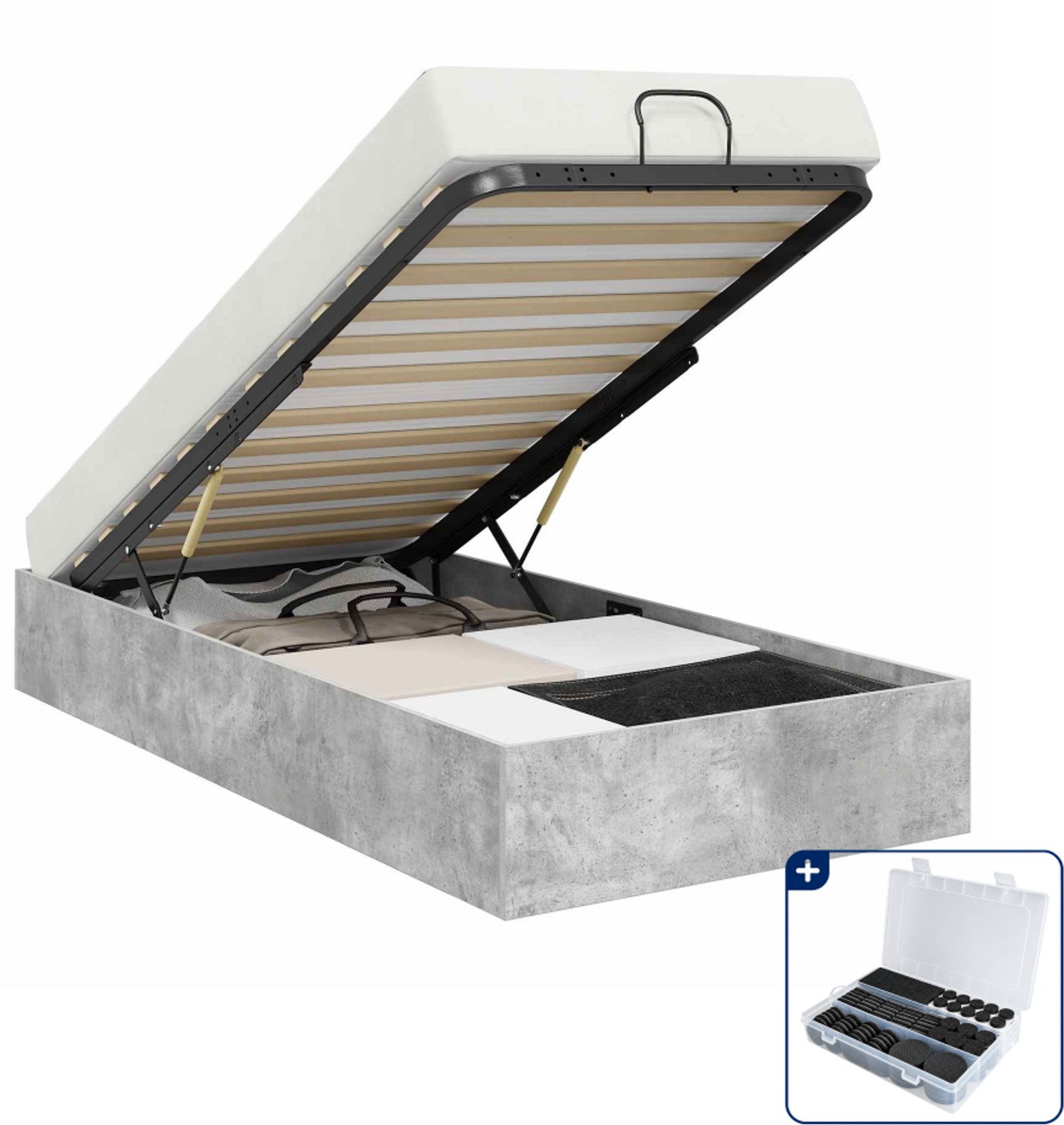 vidaXL ottoman bedframe - 90 x 190 cm - bewerkt hout - beton grijs - Inclusief antikrasvilt 177-delig Bruin