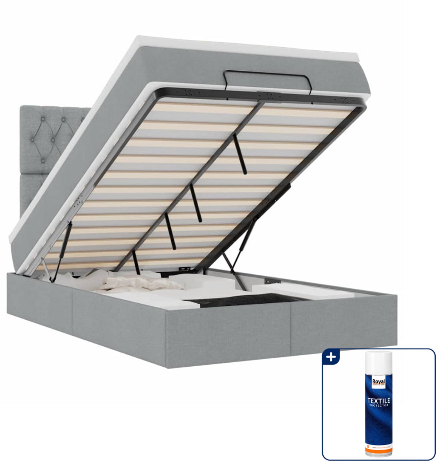 vidaXL ottoman bed met matras - 120 x 190 cm - stof - lichtgrijs - Inclusief textielbeschermer 500 ml Zwart