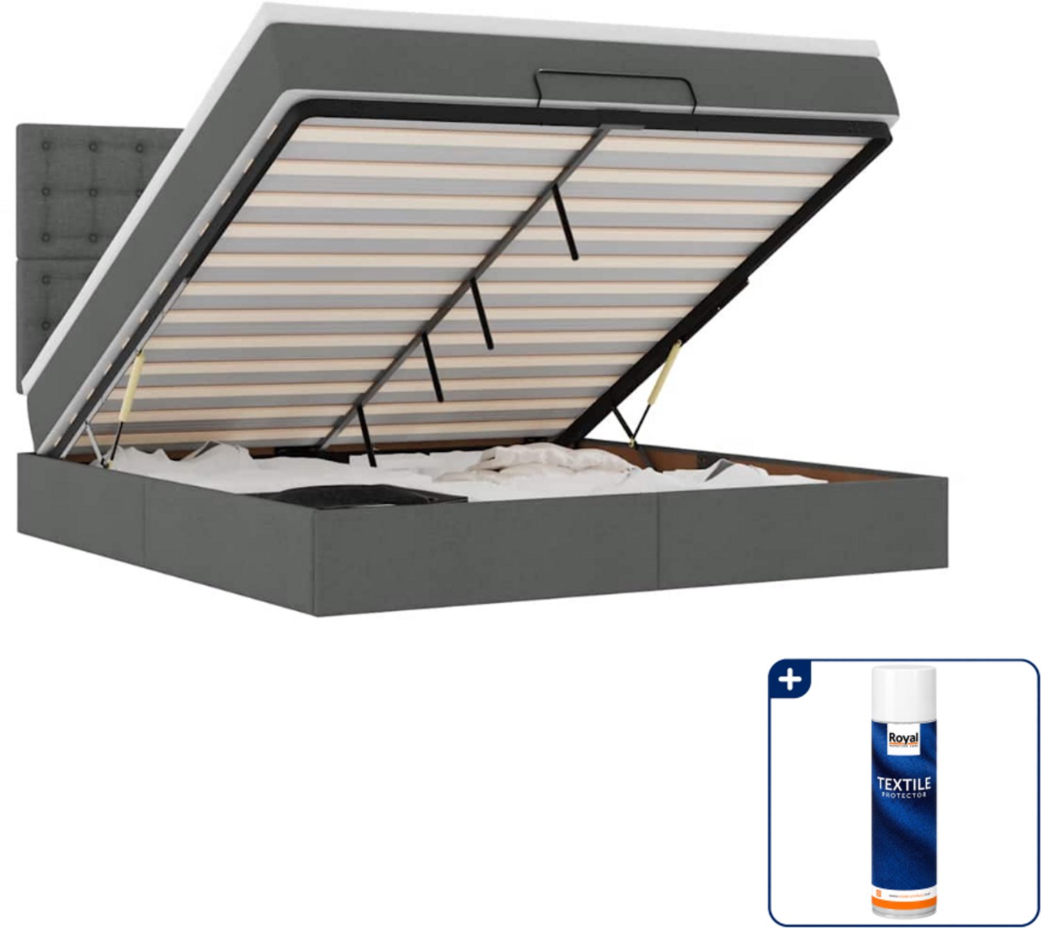vidaXL queensize bed met matras - 160 x 200 cm - stof - donkergrijs - Inclusief textielbeschermer 500 ml Zwart