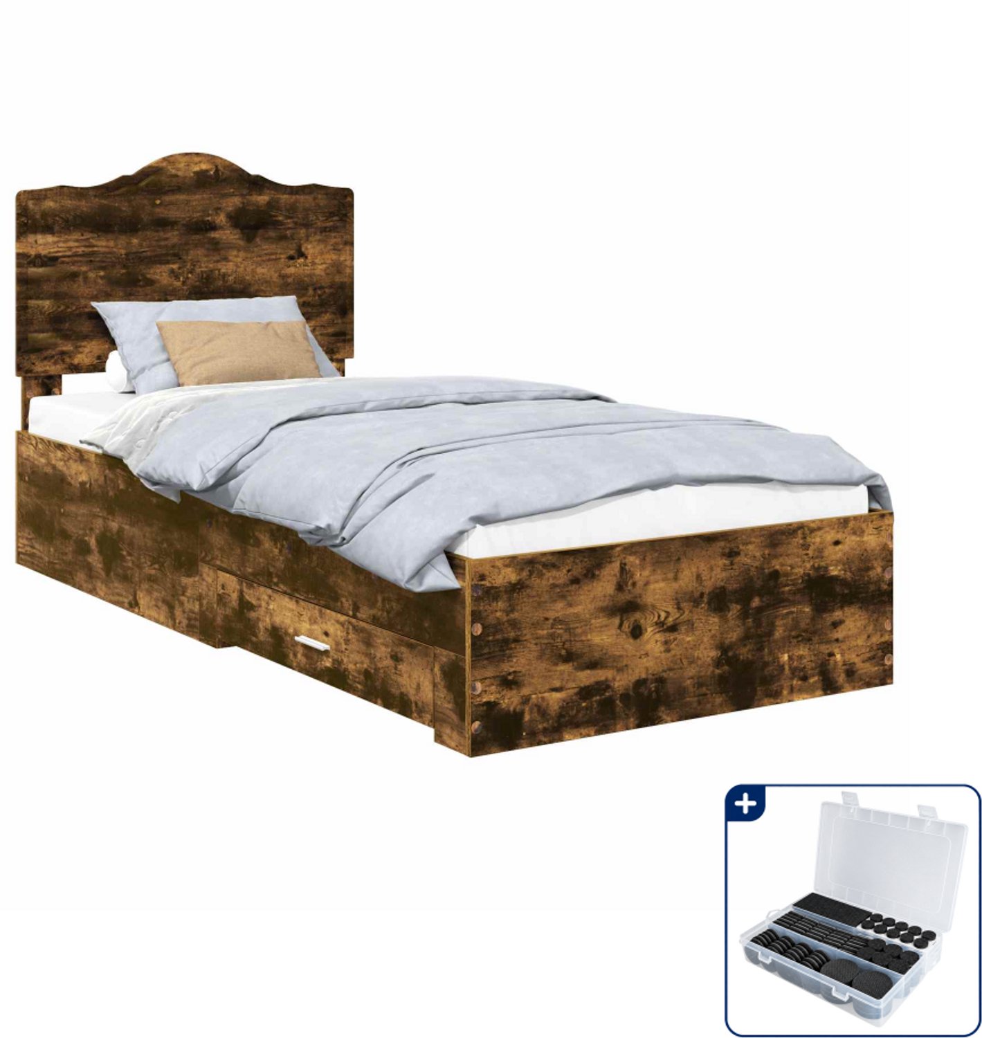 vidaXL bedframe met lade - 90 x 190 cm - bewerkt hout - gerookt eiken - Inclusief antikrasvilt 177-delig Bruin