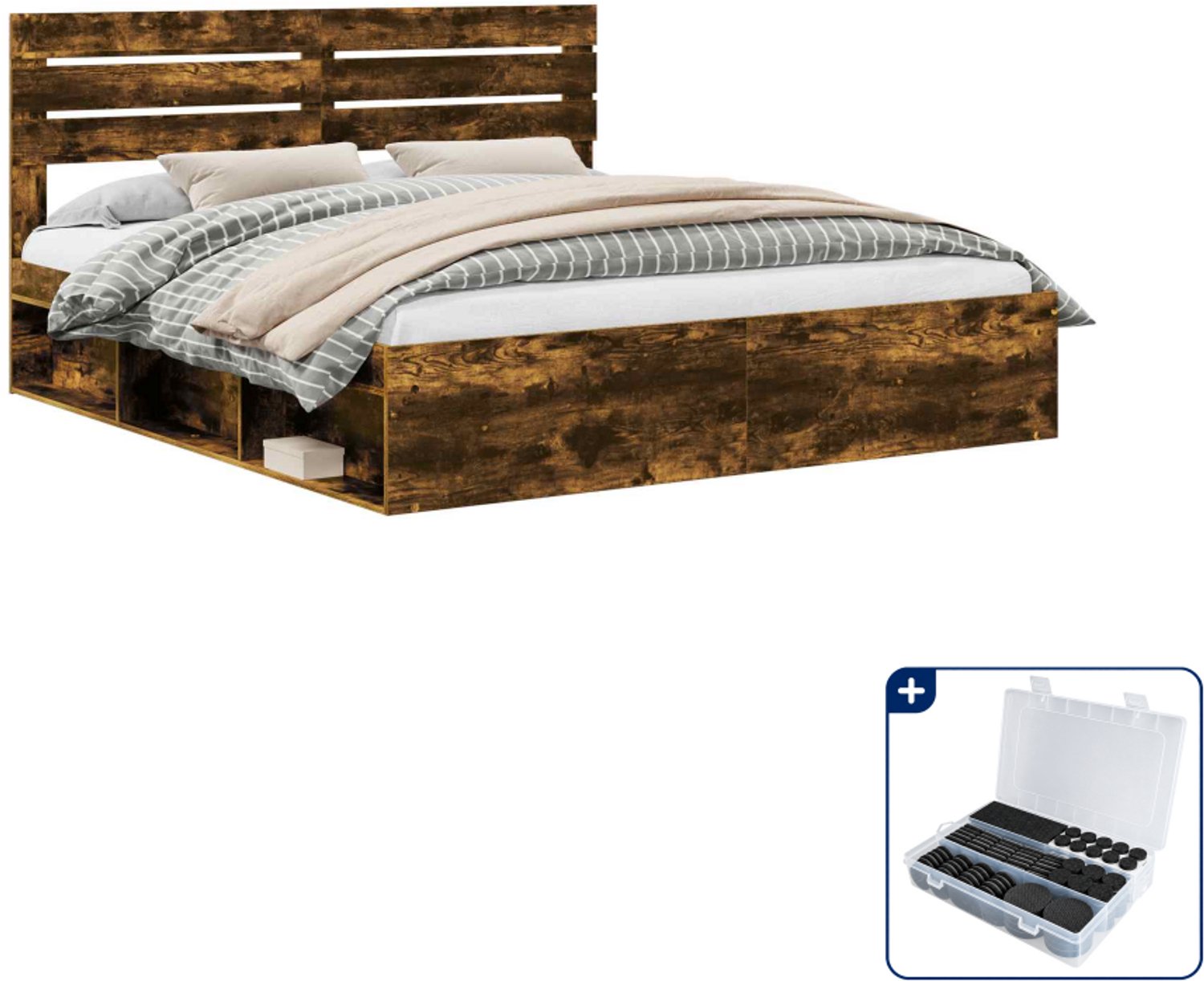 vidaXL Bedframe - Kingsize - 180 x 200 cm - gerookt eiken - Inclusief antikrasvilt 177-delig Bruin