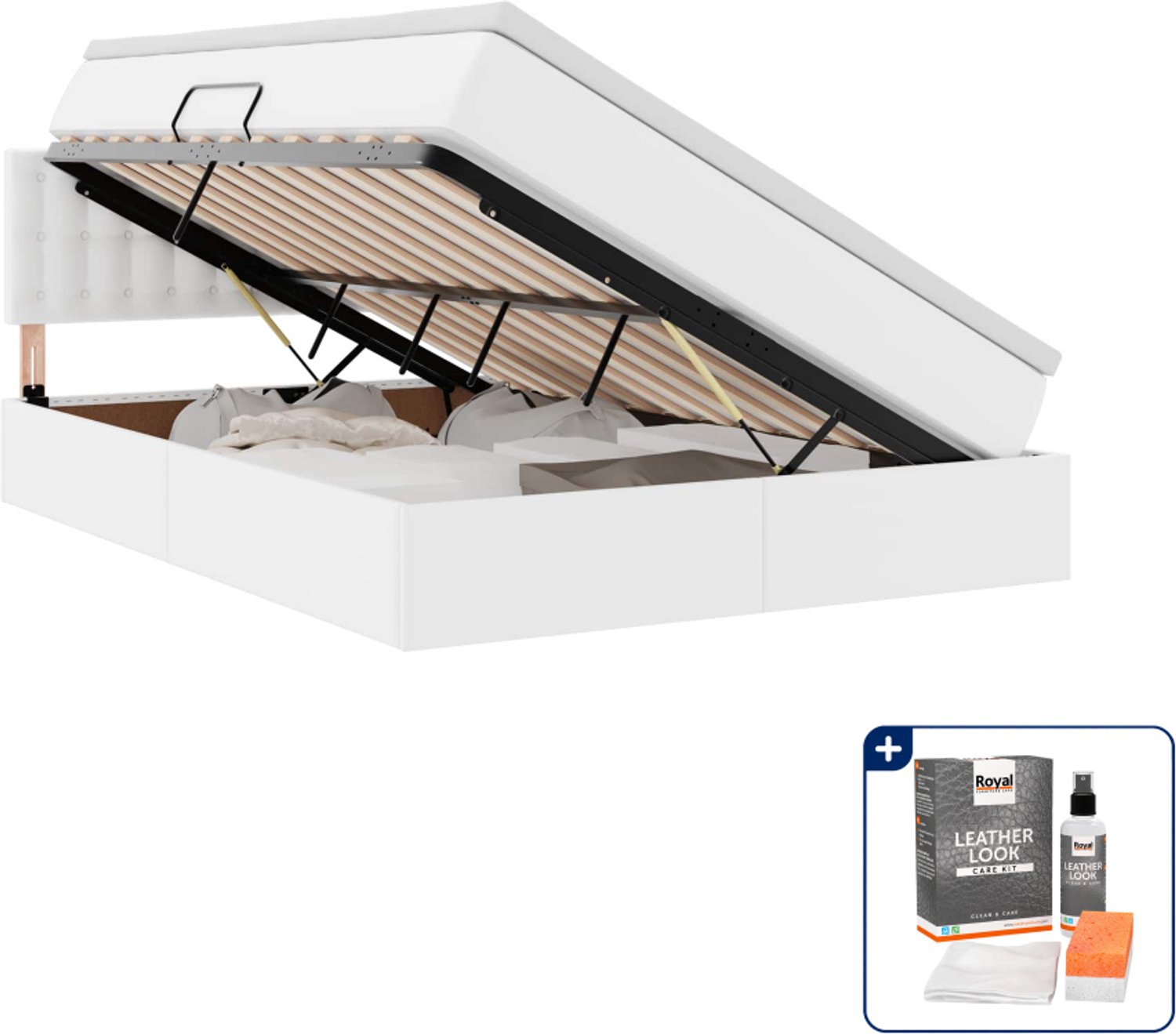 vidaXL opbergbed met matras - 140 x 190 cm - puur wit - Inclusief onderhoudsset voor kunstleer 150 ml Zwart