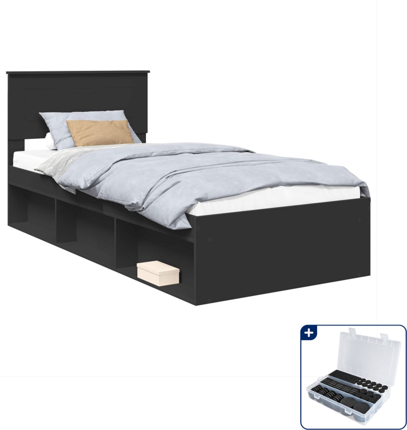 vidaXL Bedframe met hoofdeinde - 90 x 200 cm - bewerkt hout - zwart - Inclusief antikrasvilt 177-delig Grijs