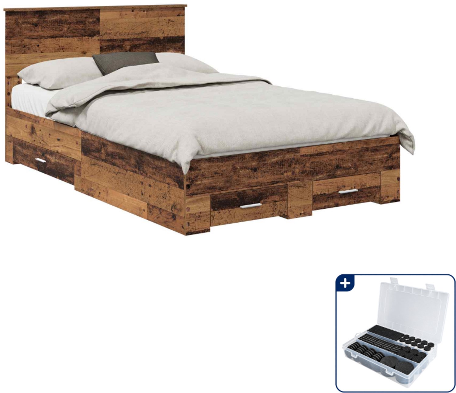 vidaXL bedframe met opberglade - 120 x 190 cm - bewerkt hout - oudhout - Inclusief antikrasvilt 177-delig Wit