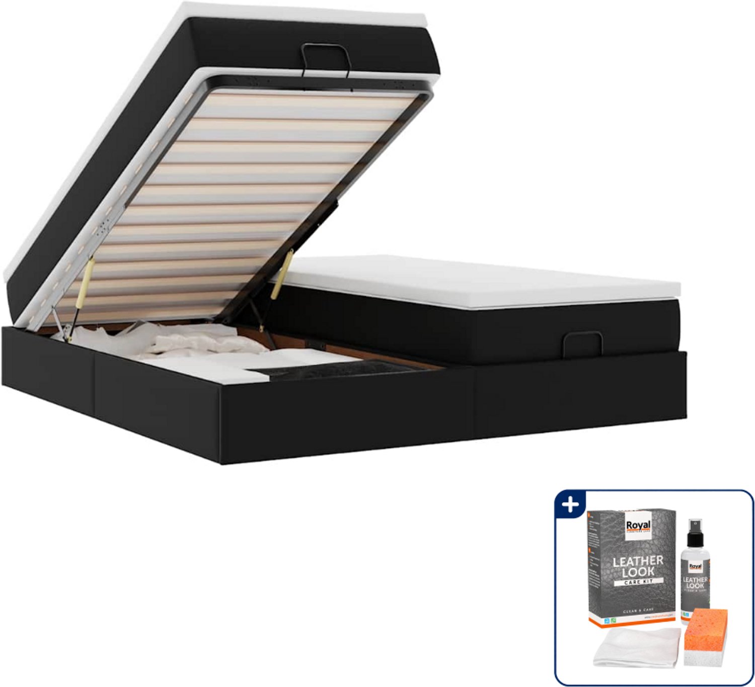 vidaXL Ottoman bed - Queensize - 160 x 200 cm - kunstleer - zwart - Inclusief onderhoudsset voor kunstleer 150 ml Blauw