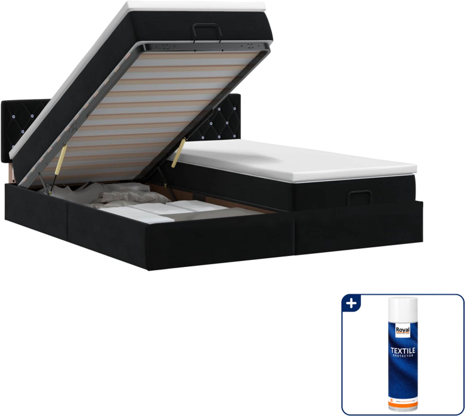 vidaXL Ottoman bedset met matras - 200 x 200 cm - fluweel - zwart - Inclusief textielbeschermer 500 ml