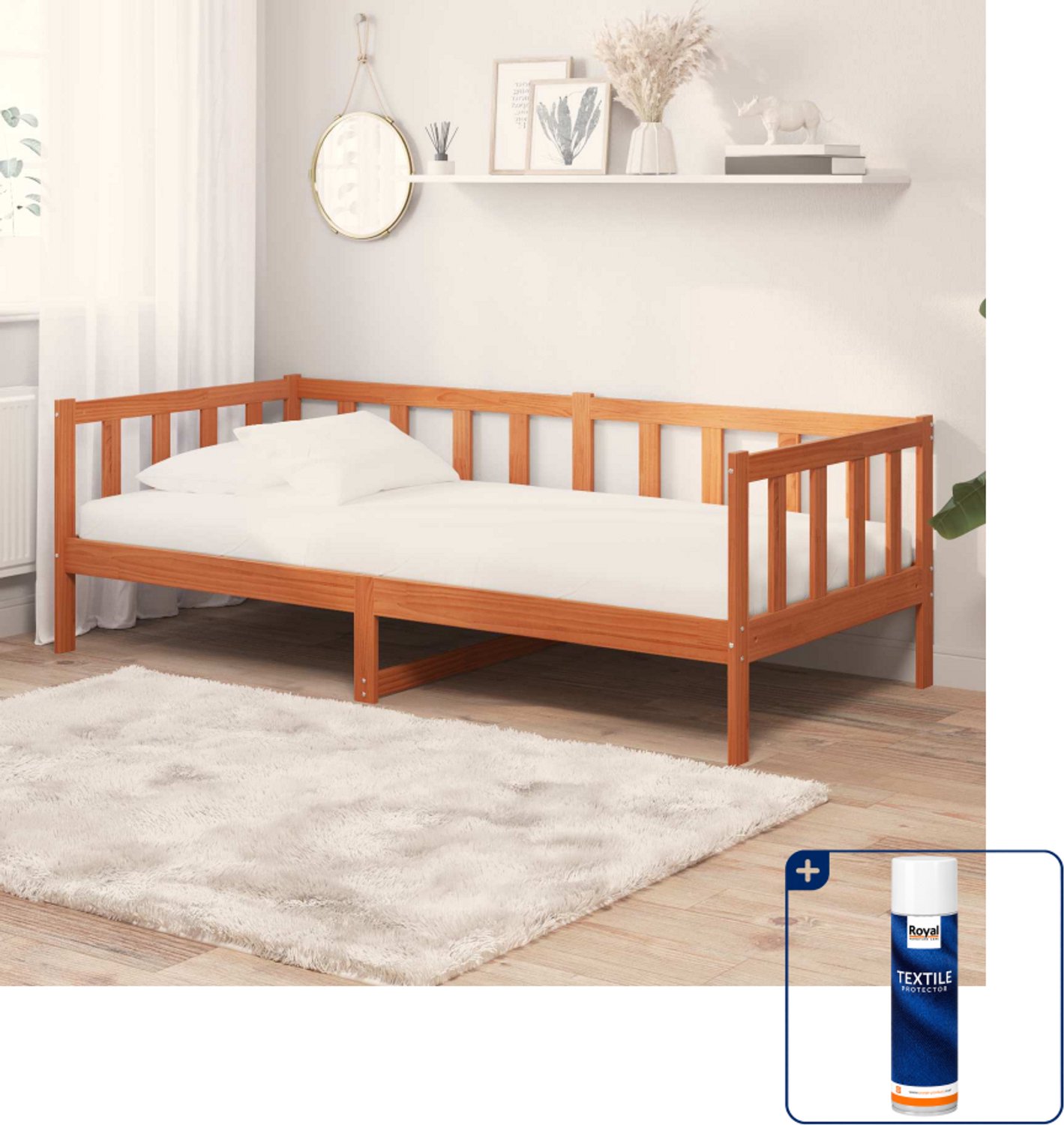 vidaXL dagbed - 90 x 200 cm - massief grenenhout - waxbruin en wit - Inclusief textielbeschermer 500 ml