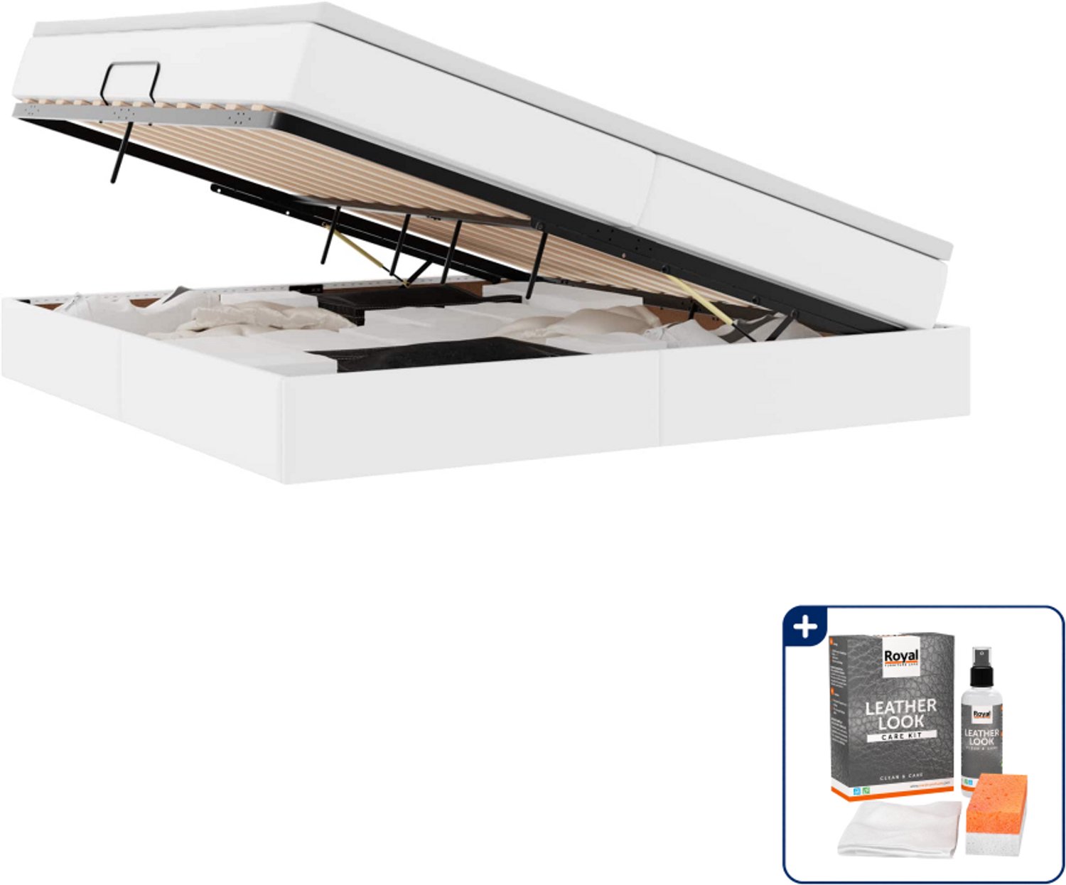 vidaXL opbergbed met matras - 200 x 200 cm - kunstleer - wit - Inclusief onderhoudsset voor kunstleer 150 ml Blauw