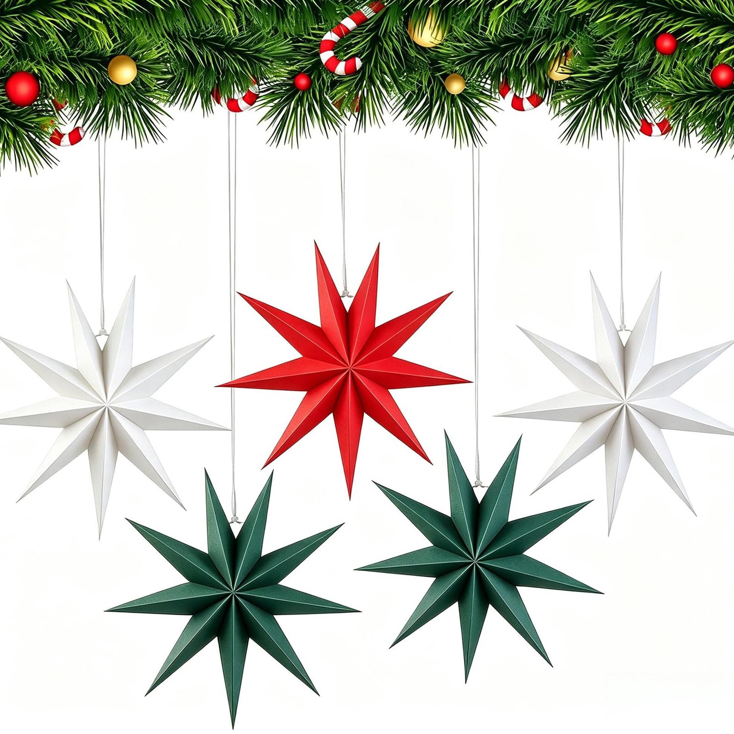 Famanu Set van 5 hangende papieren kerststerren, 30 cm, in wit, donkerrood en donkergroen, 9-puntige vouwsterren voor kerstdecoratie, perfect voor familiefeesten en gezellige kerstsfeer