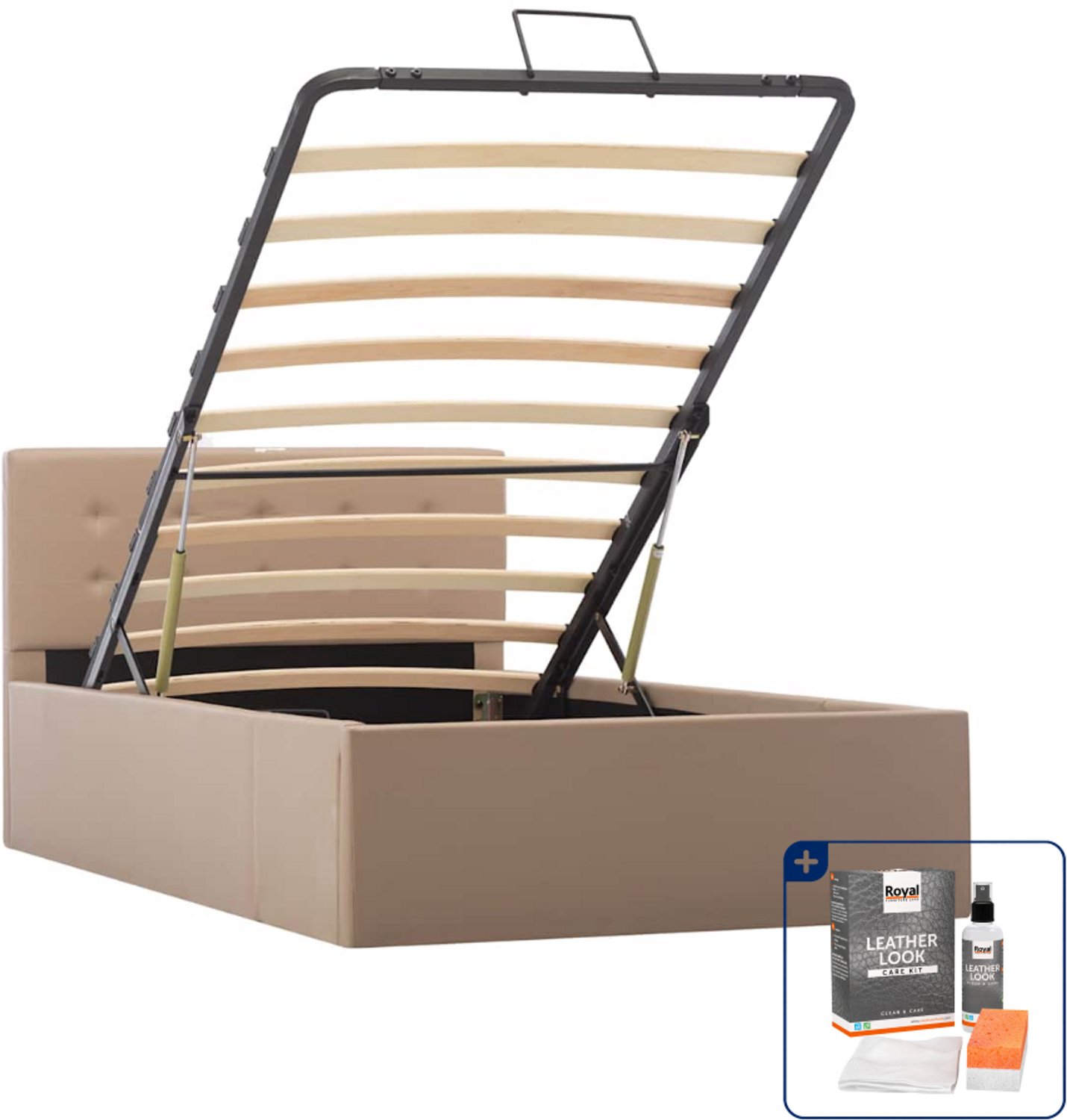 vidaXL bedframe met opbergruimte - 100 x 200 cm - kunstleer - cappuccino - Inclusief onderhoudsset voor kunstleer 150 ml Wit